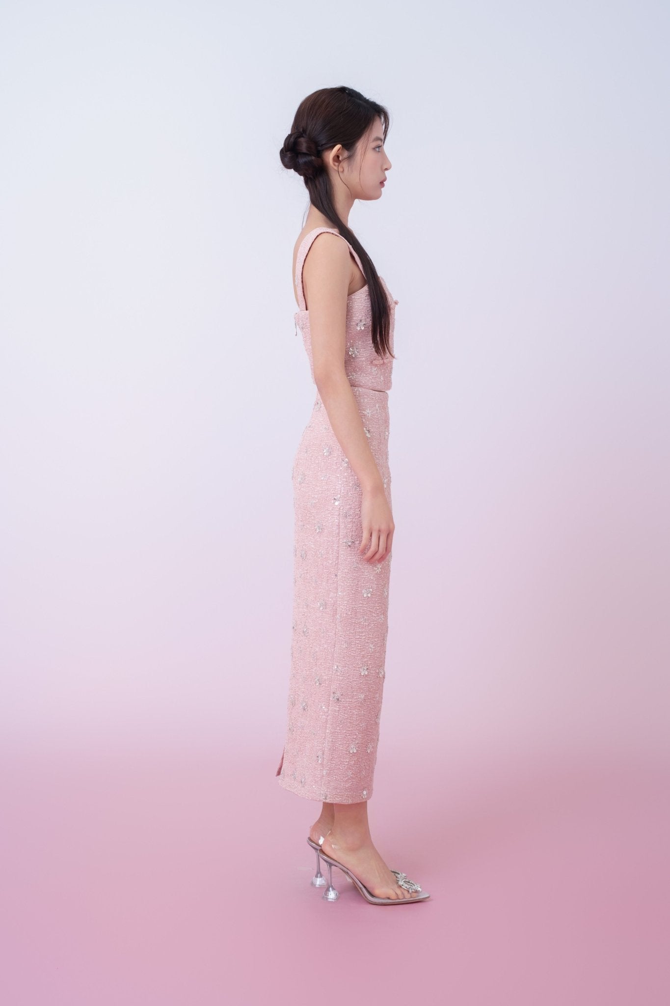 Kaylin Pink Tweed With Embellishments Strap Top - Nimisski