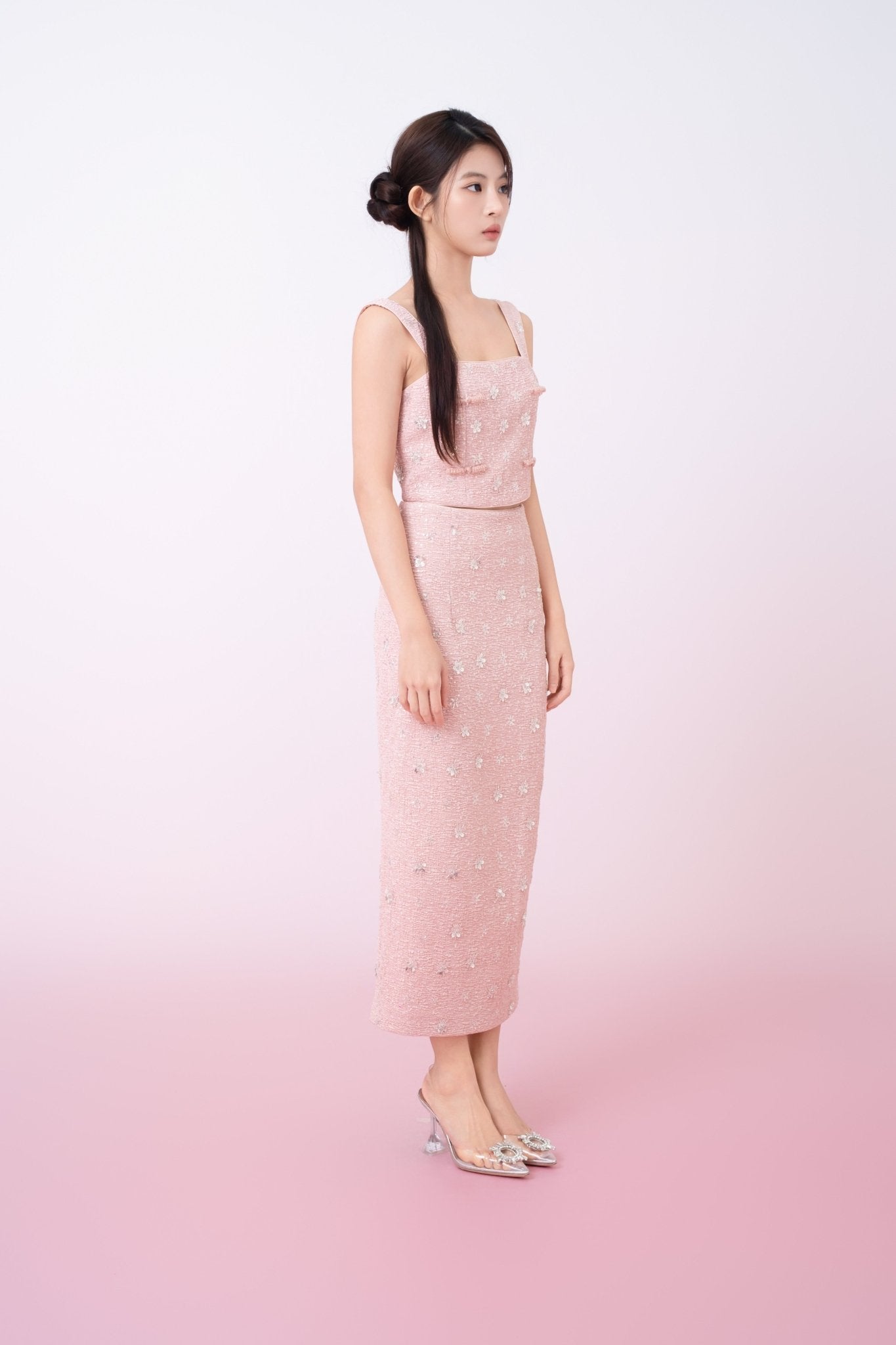 Kaylin Pink Tweed With Embellishments Strap Top - Nimisski