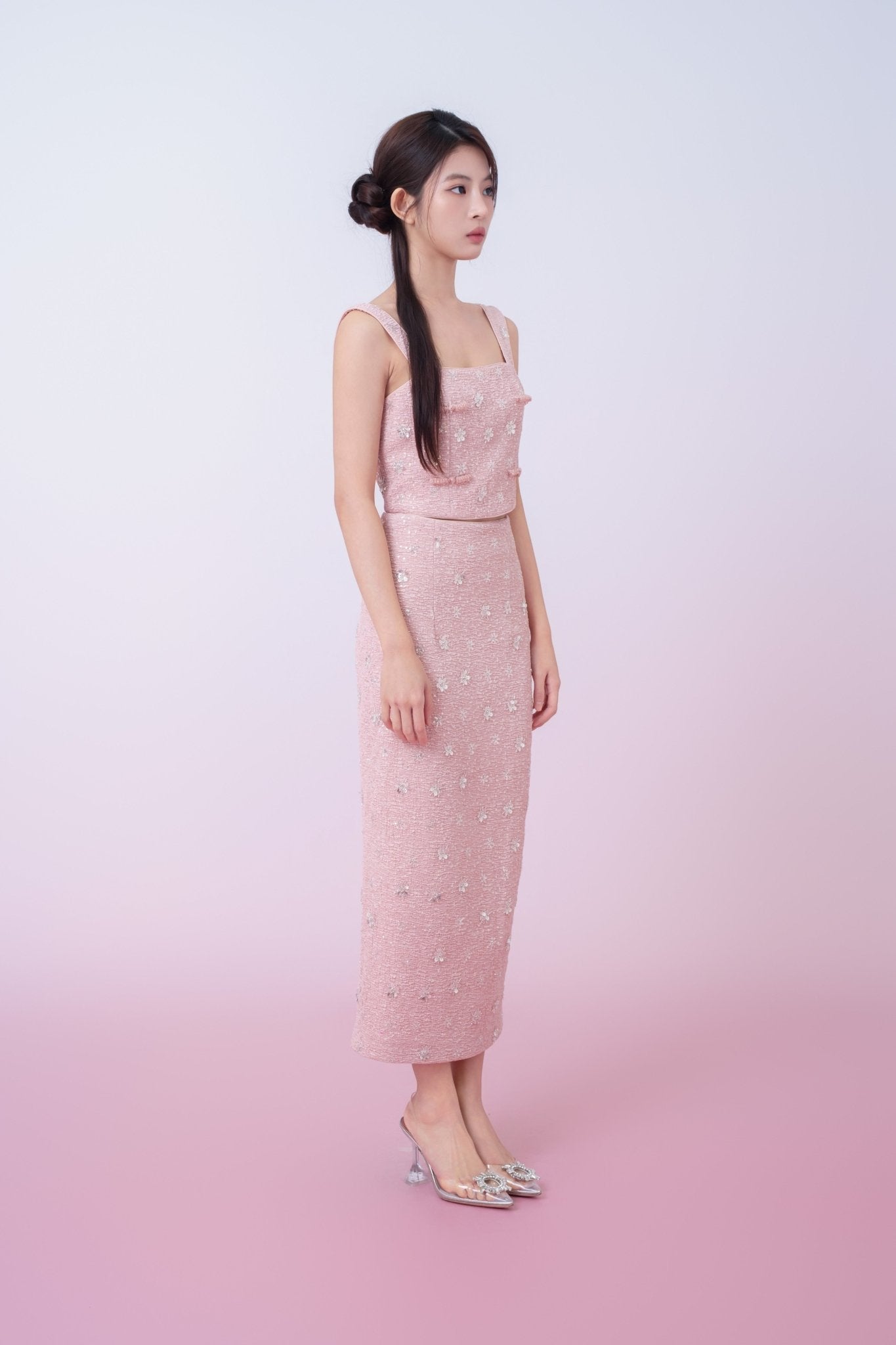 Kaylin Pink Tweed With Embellishments Midi Skirt - Nimisski