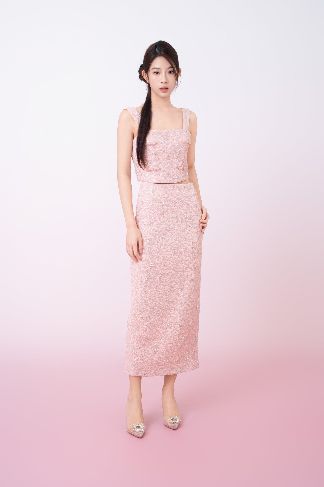 Kaylin Pink Tweed With Embellishments Midi Skirt - Nimisski