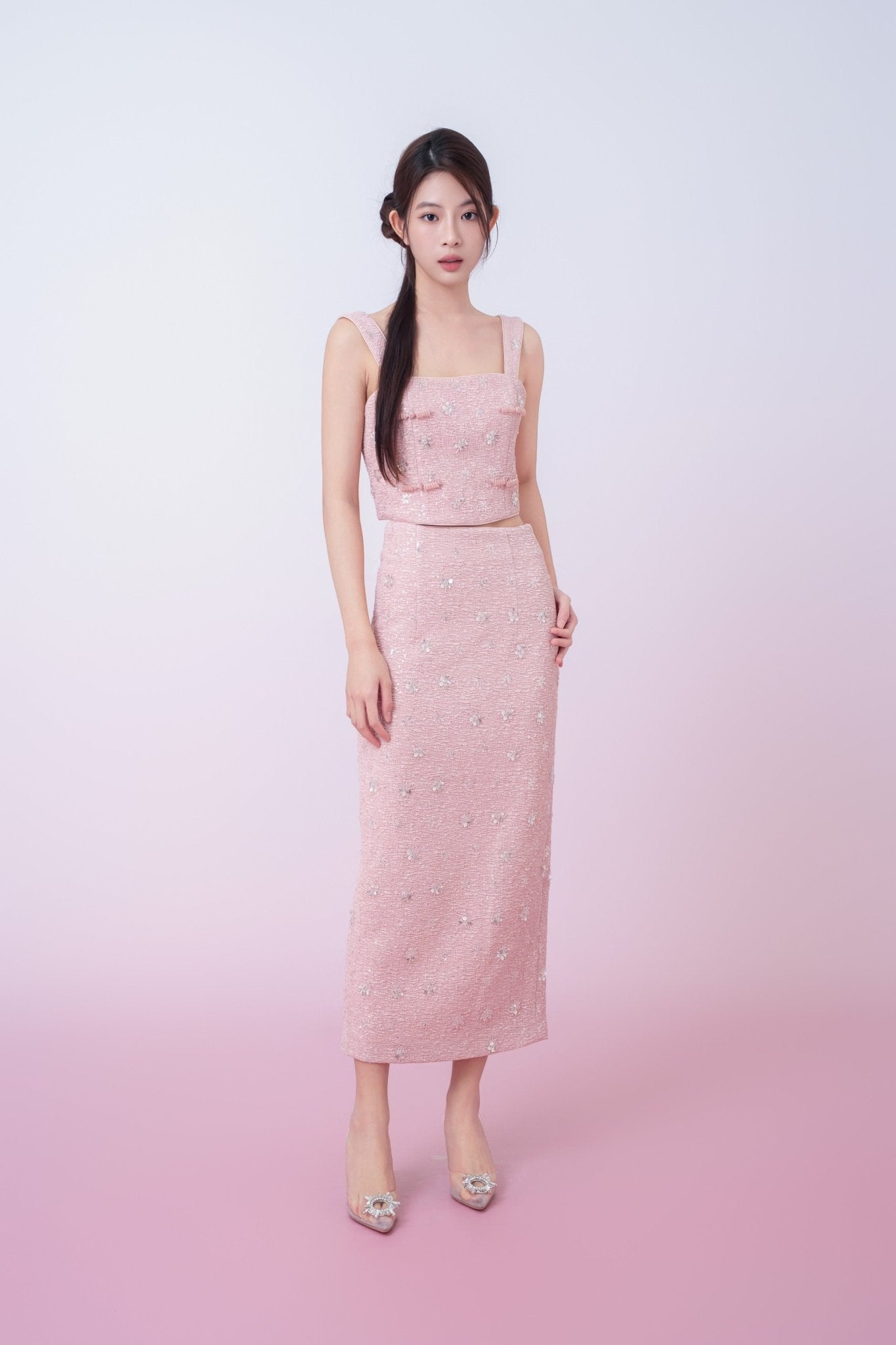 Kaylin Pink Tweed With Embellishments Midi Skirt - Nimisski