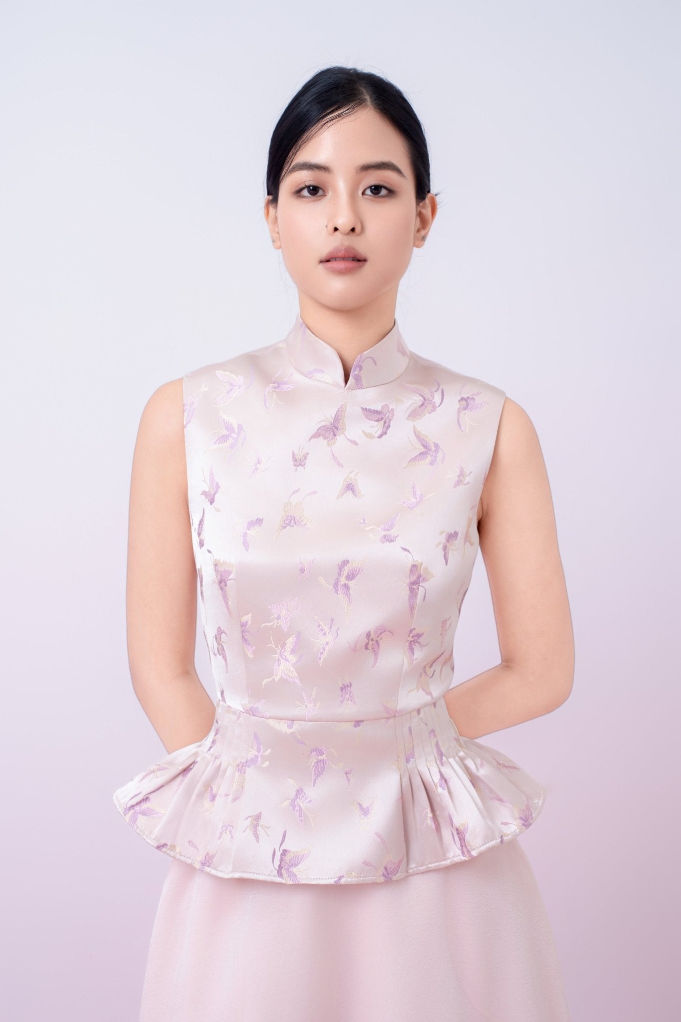 Khalani Pink Butterfly Jacquard Peplum Top - Nimisski