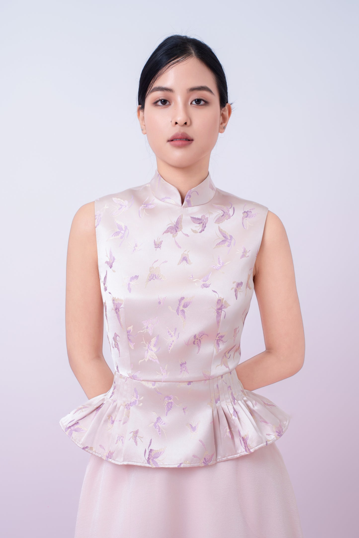 Khalani Dusty Pink Jacquard With Woven Butterfly Peplum Top