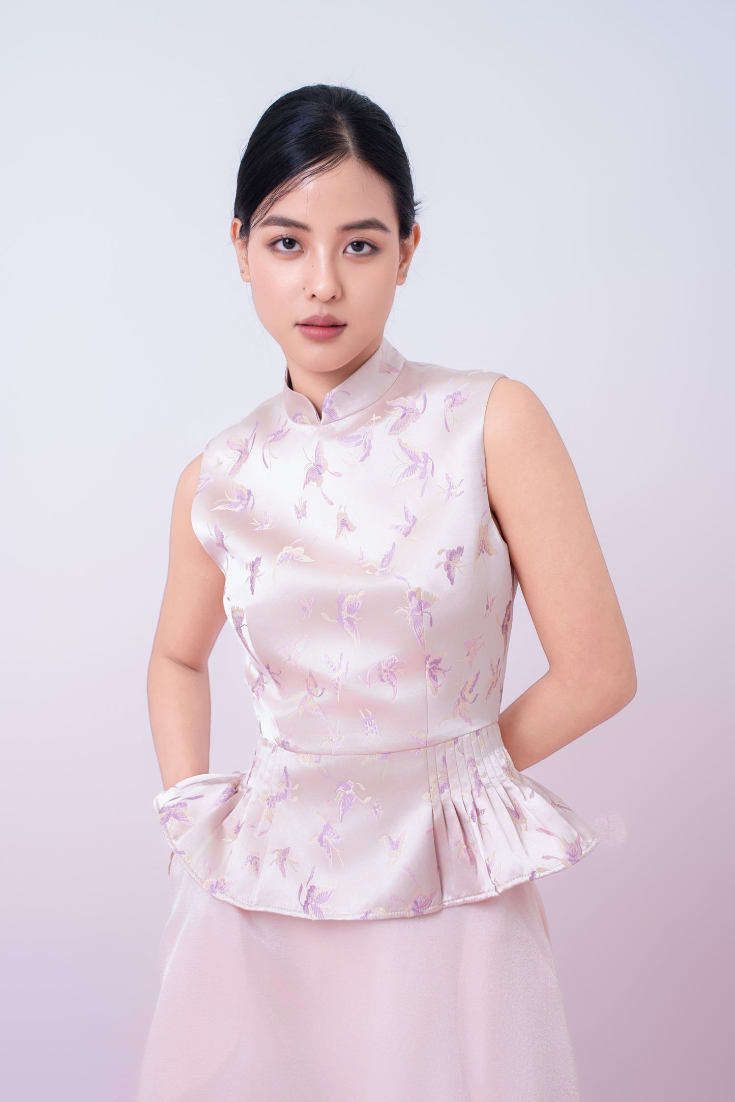 Khalani Dusty Pink Jacquard With Woven Butterfly Peplum Top