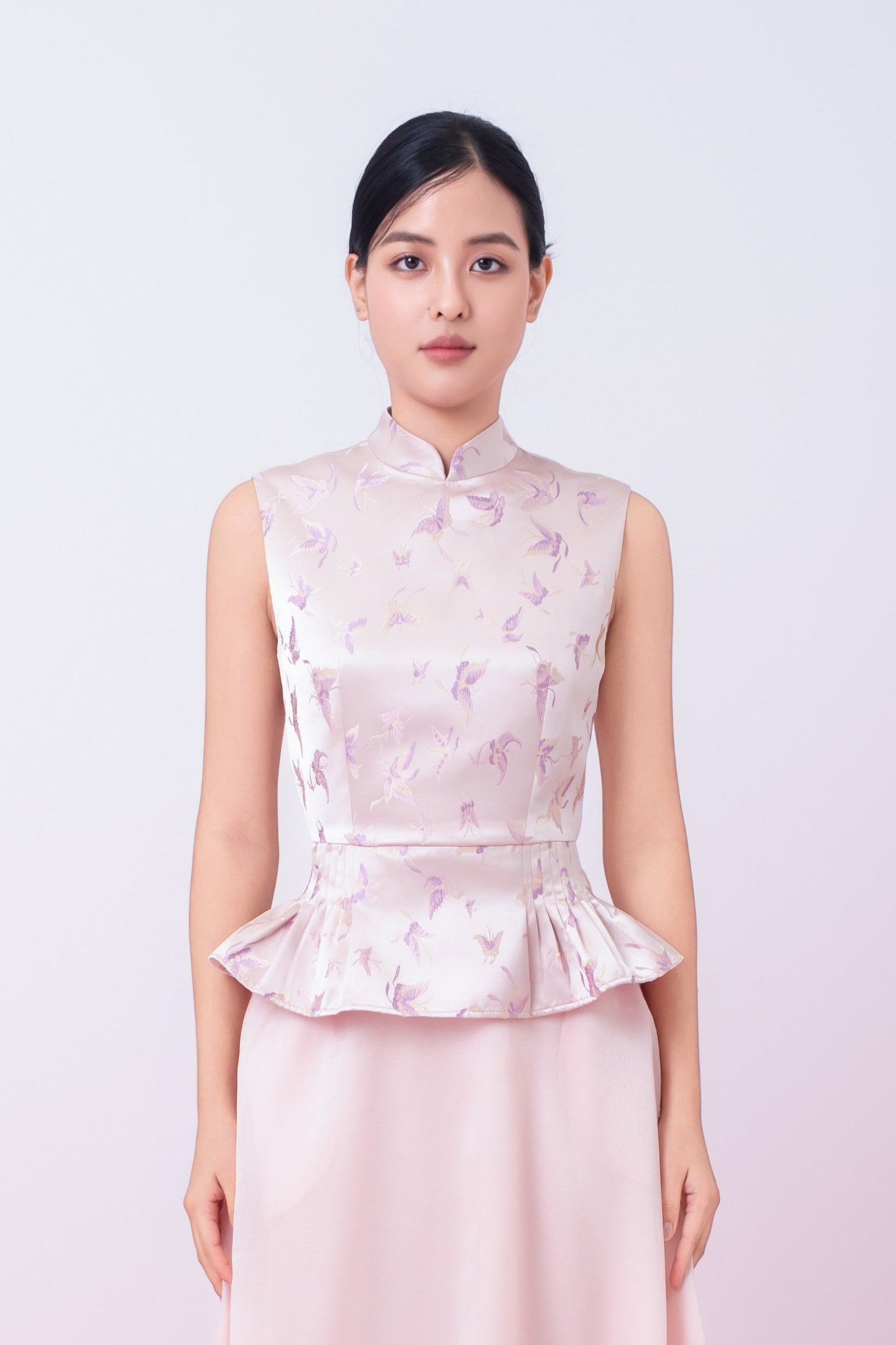 Khalani Dusty Pink Jacquard With Woven Butterfly Peplum Top