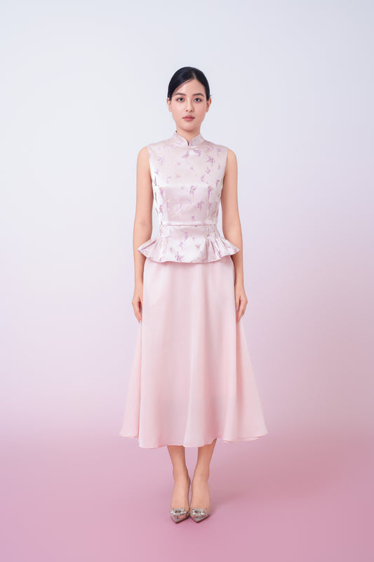 Khalani Dusty Pink Jacquard With Woven Butterfly Peplum Top