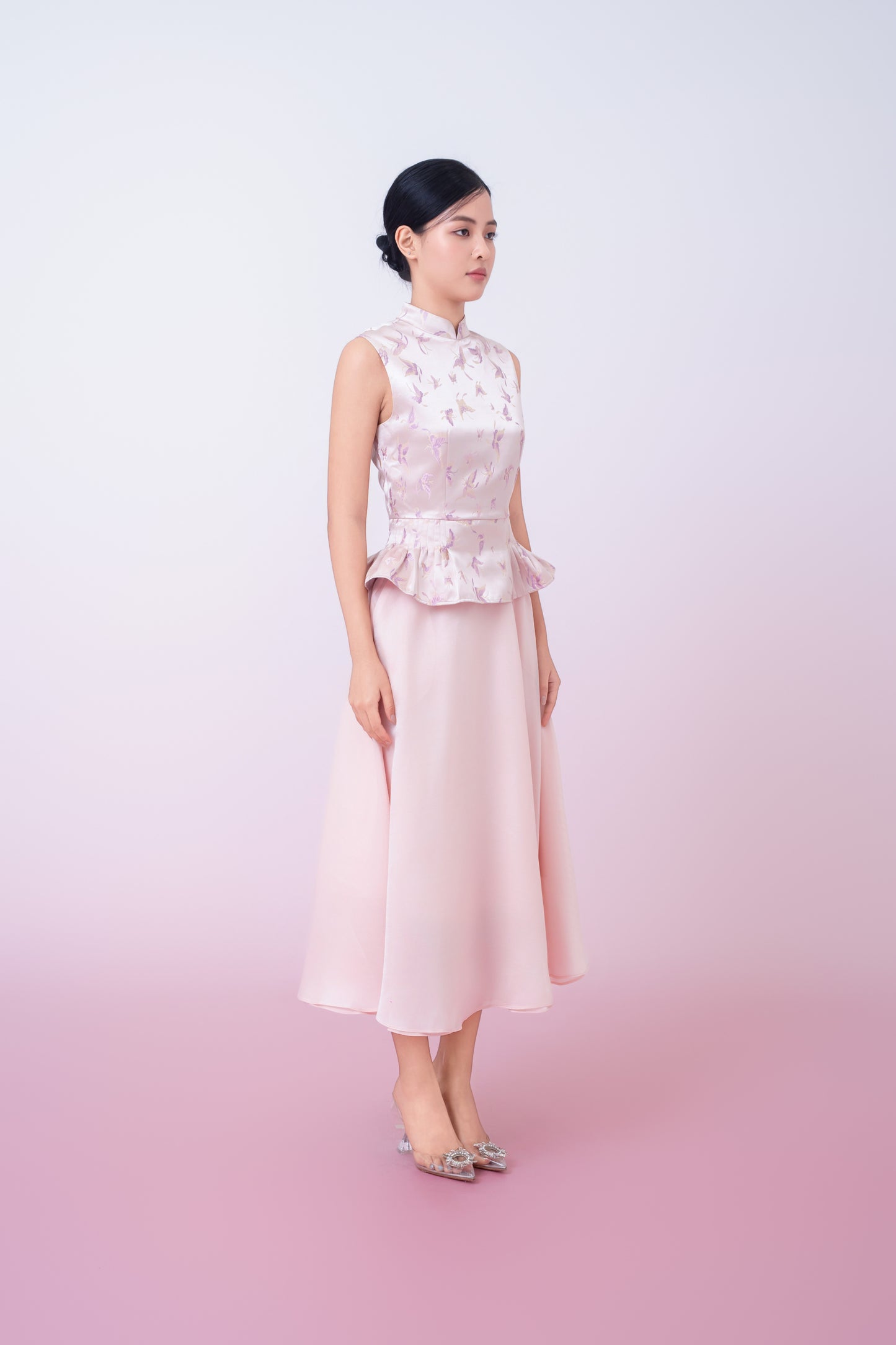 Khalani Dusty Pink Jacquard With Woven Butterfly Peplum Top