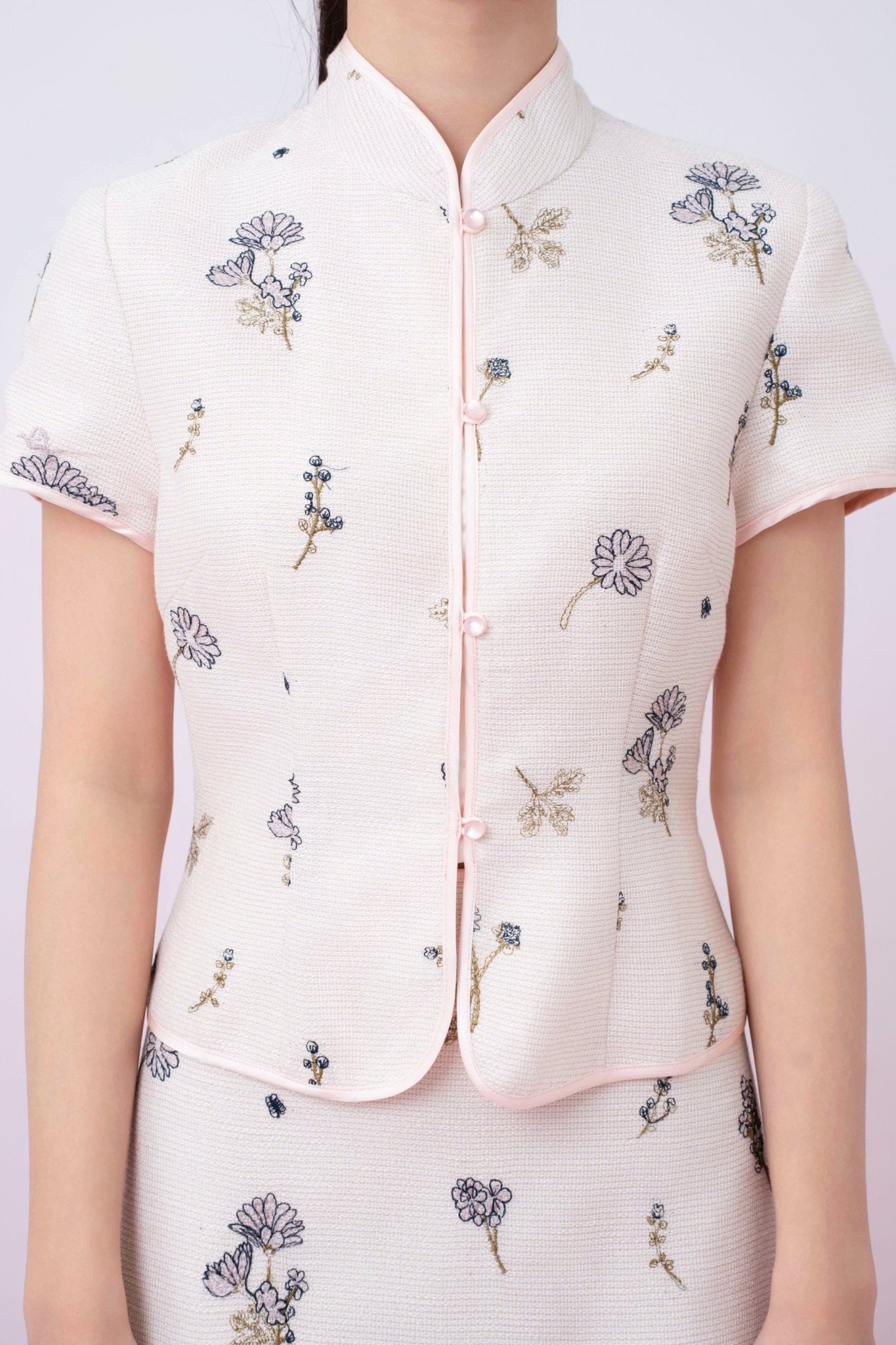 Kamari Soft Pink With Black Floral Embroidered Mandarin Collar Top - Nimisski
