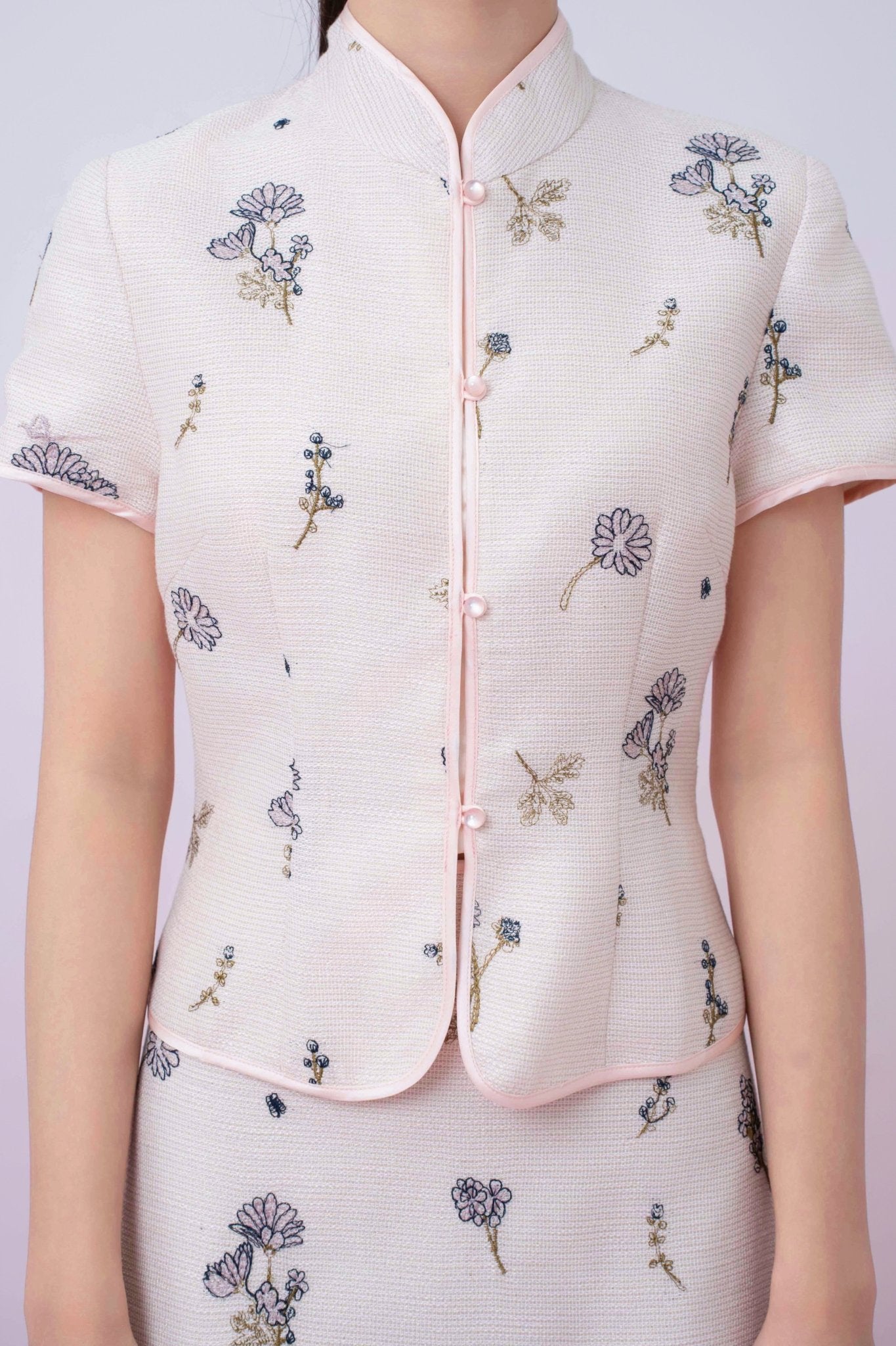 Kamari Soft Pink With Black Floral Embroidered Mandarin Collar Top - Nimisski