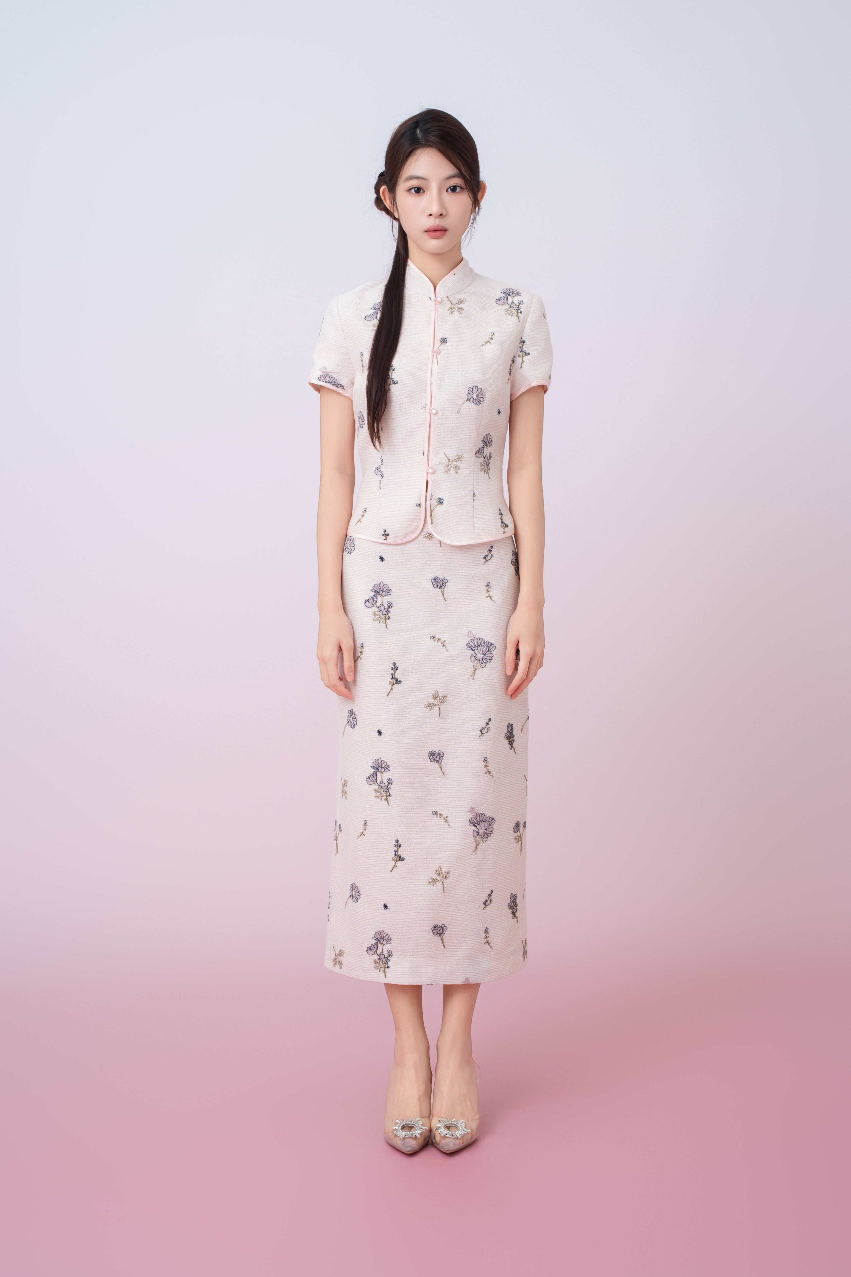 Kamari Soft Pink With Black Floral Embroidered Pencil Skirt