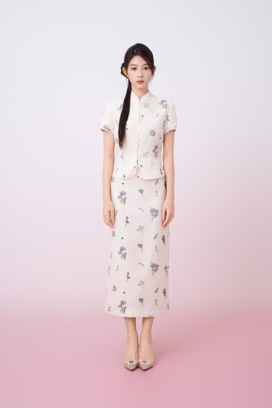 Kamari Soft Pink With Black Floral Embroidered Mandarin Collar Top - Nimisski
