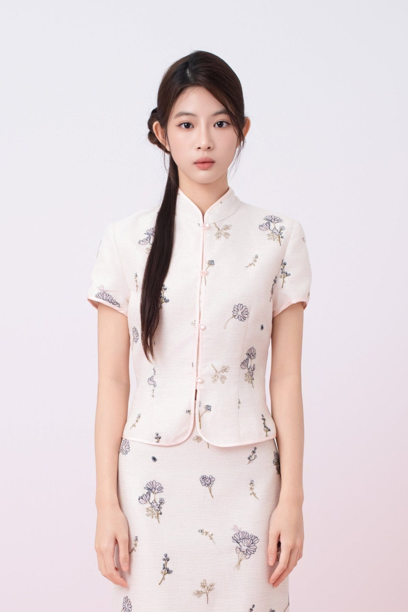 Kamari Soft Pink With Black Floral Embroidered Mandarin Collar Top - Nimisski