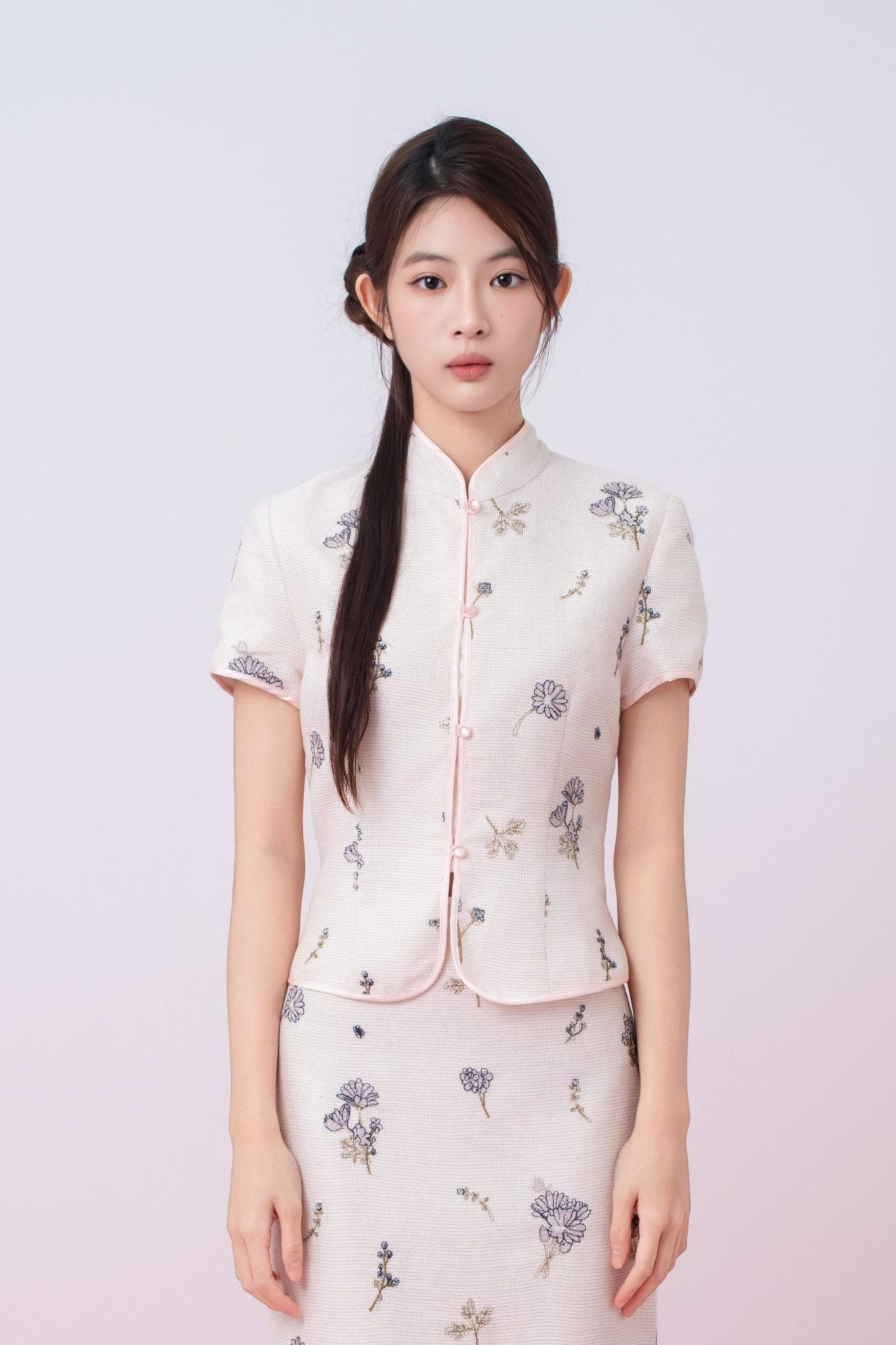 Kamari Soft Pink With Black Floral Embroidered Mandarin Collar Top - Nimisski