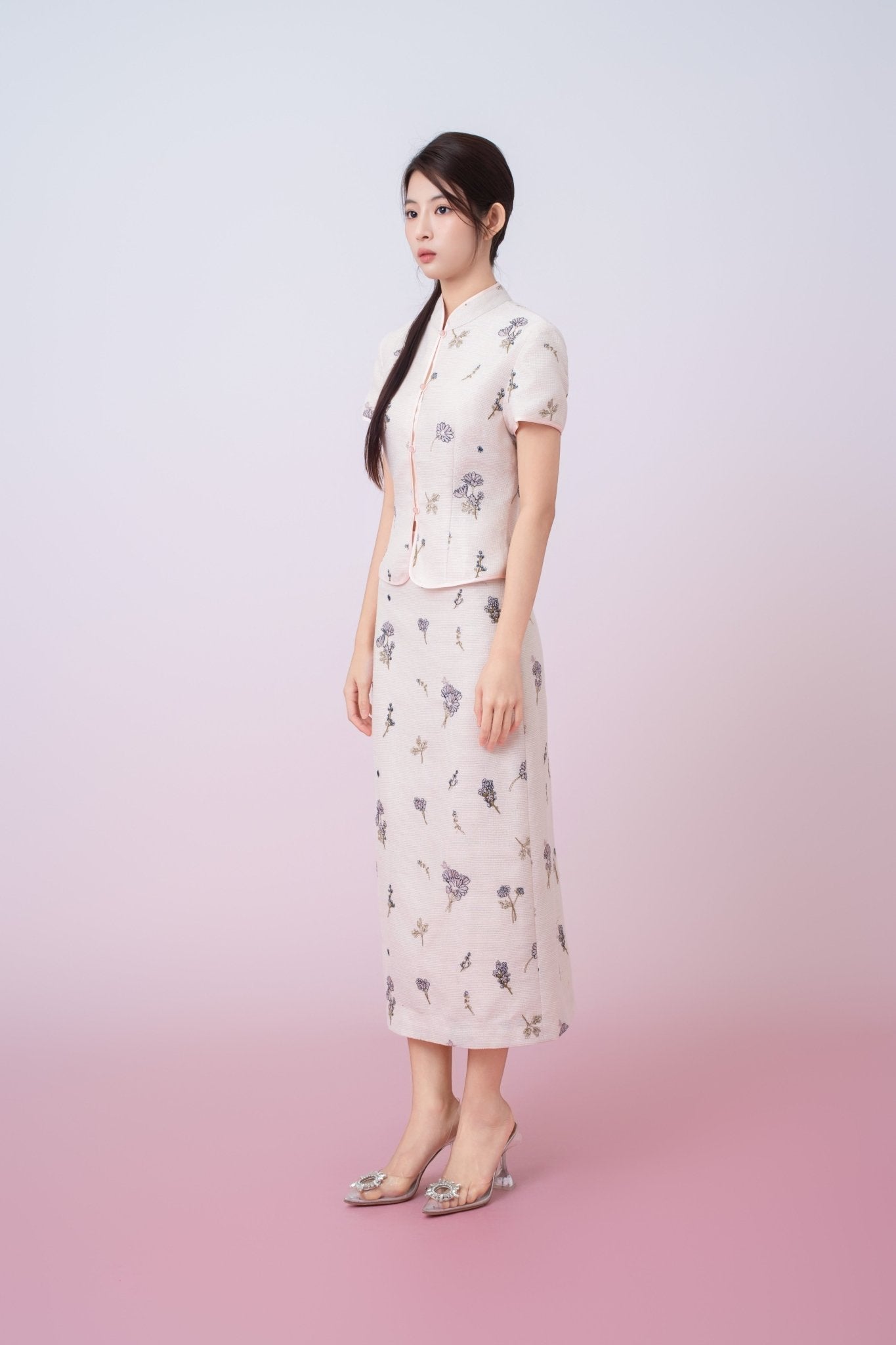 Kamari Soft Pink With Black Floral Embroidered Mandarin Collar Top - Nimisski