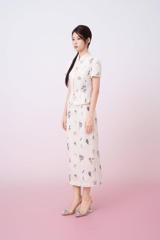 Kamari Soft Pink With Black Floral Embroidered Pencil Skirt - Nimisski