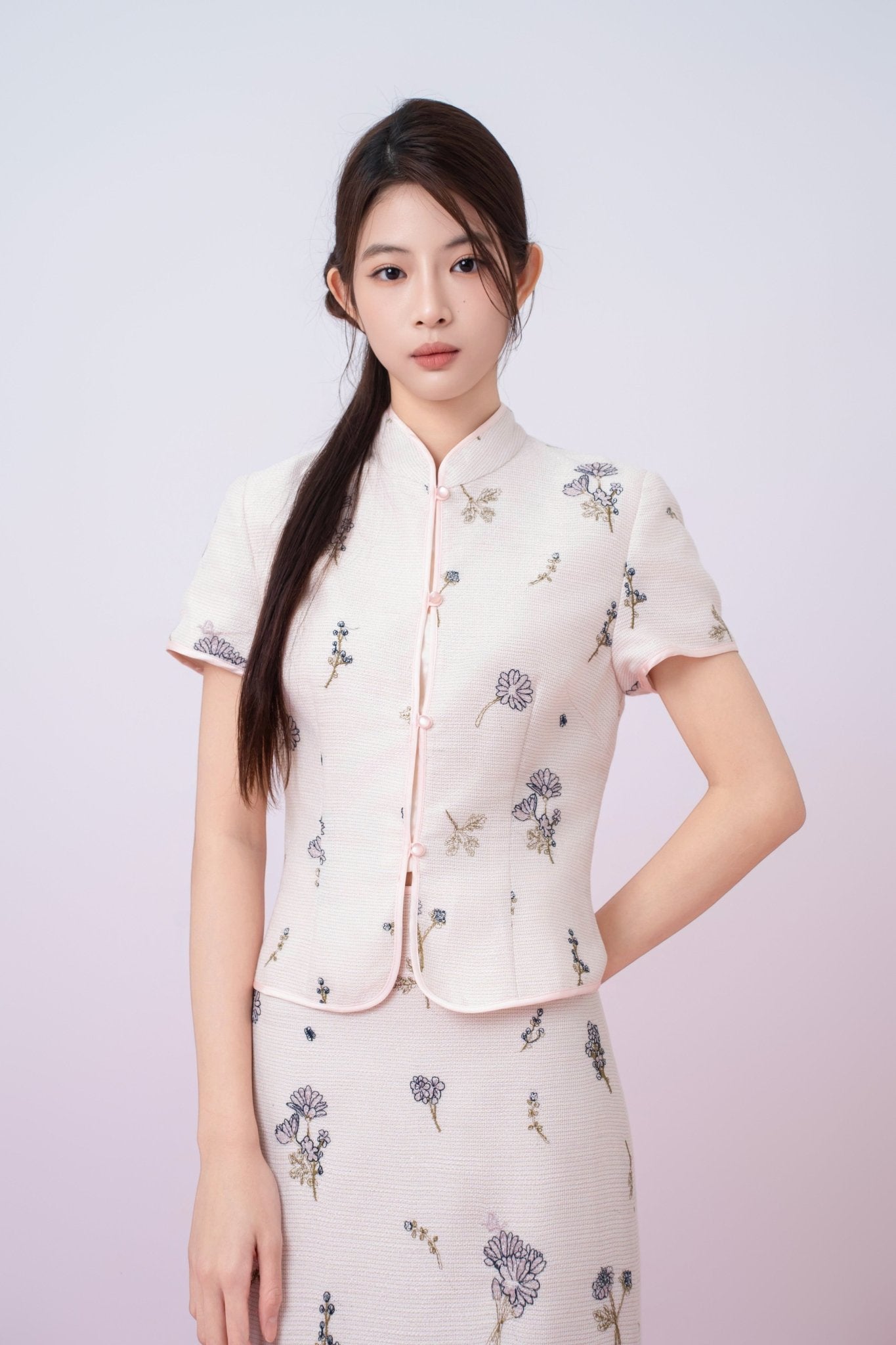 Kamari Soft Pink With Black Floral Embroidered Mandarin Collar Top - Nimisski