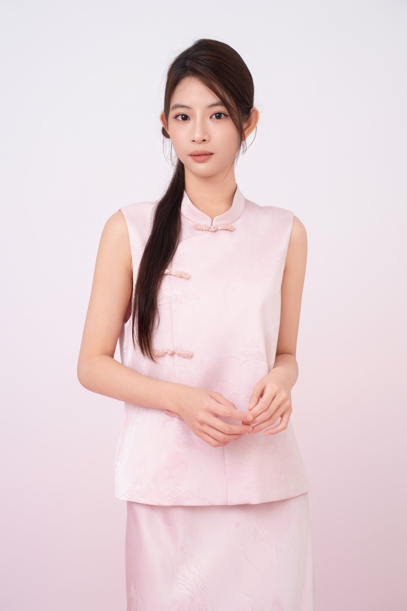 Kiyomi Light Pink Jacquard Sleeveless Mandarin Collar Top - Nimisski