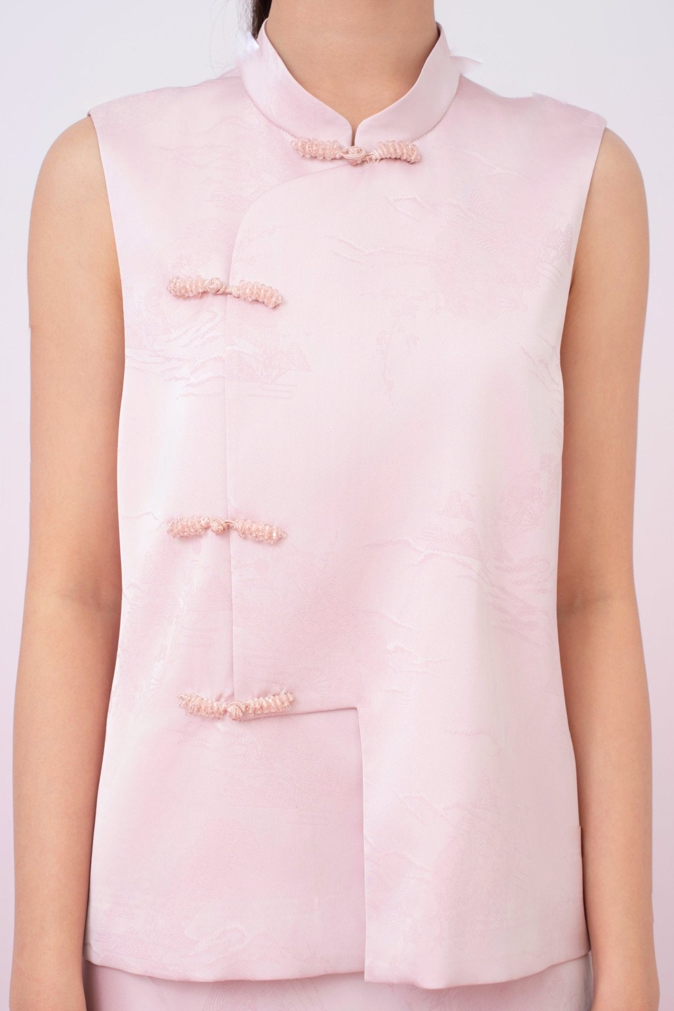 Kiyomi Light Pink Jacquard Sleeveless Mandarin Collar Top - Nimisski