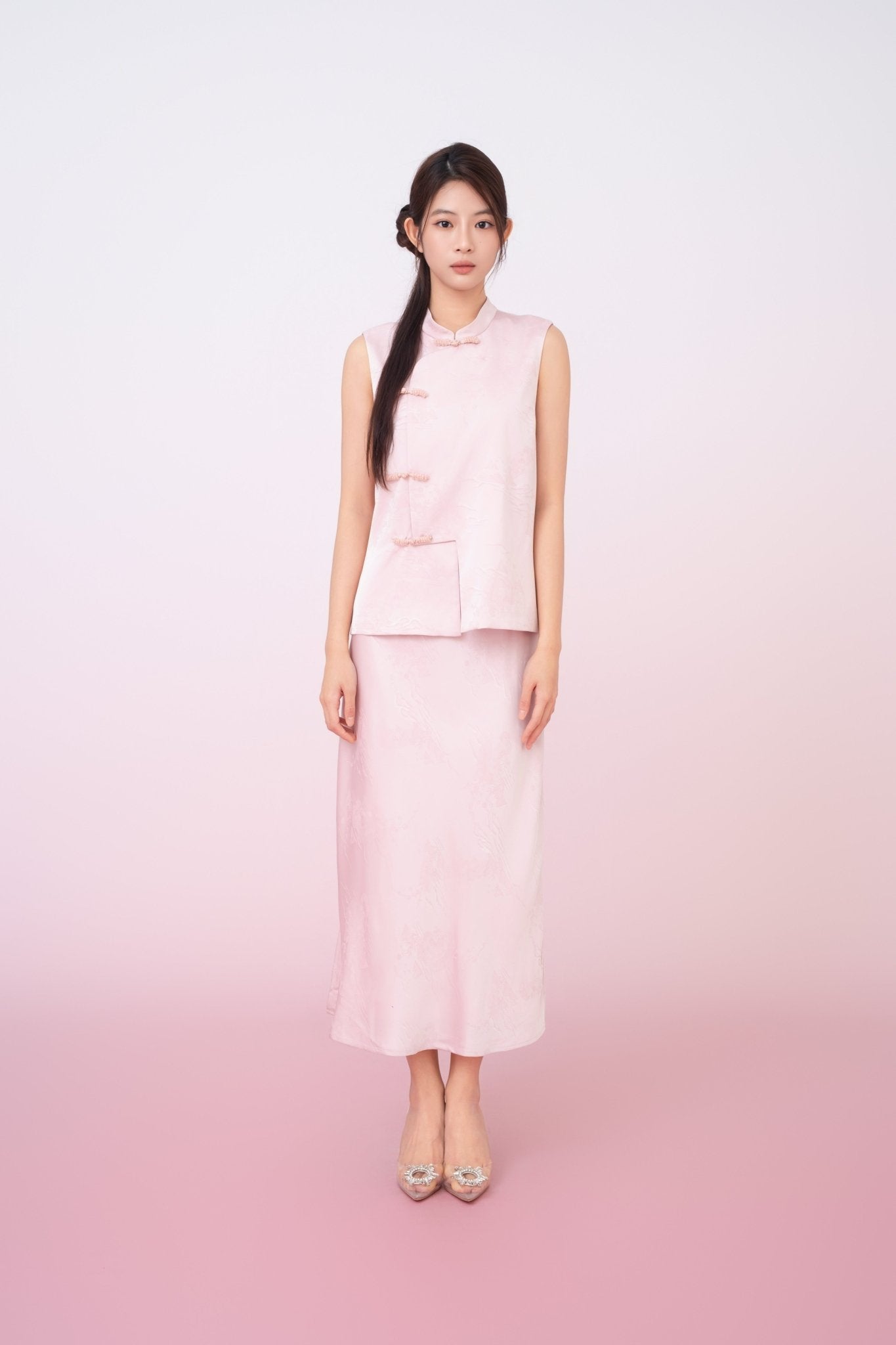 Kiyomi Light Pink Jacquard Midi Skirt - Nimisski