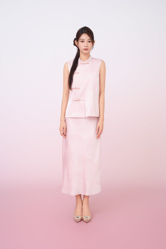 Kiyomi Light Pink Jacquard Sleeveless Mandarin Collar Top - Nimisski