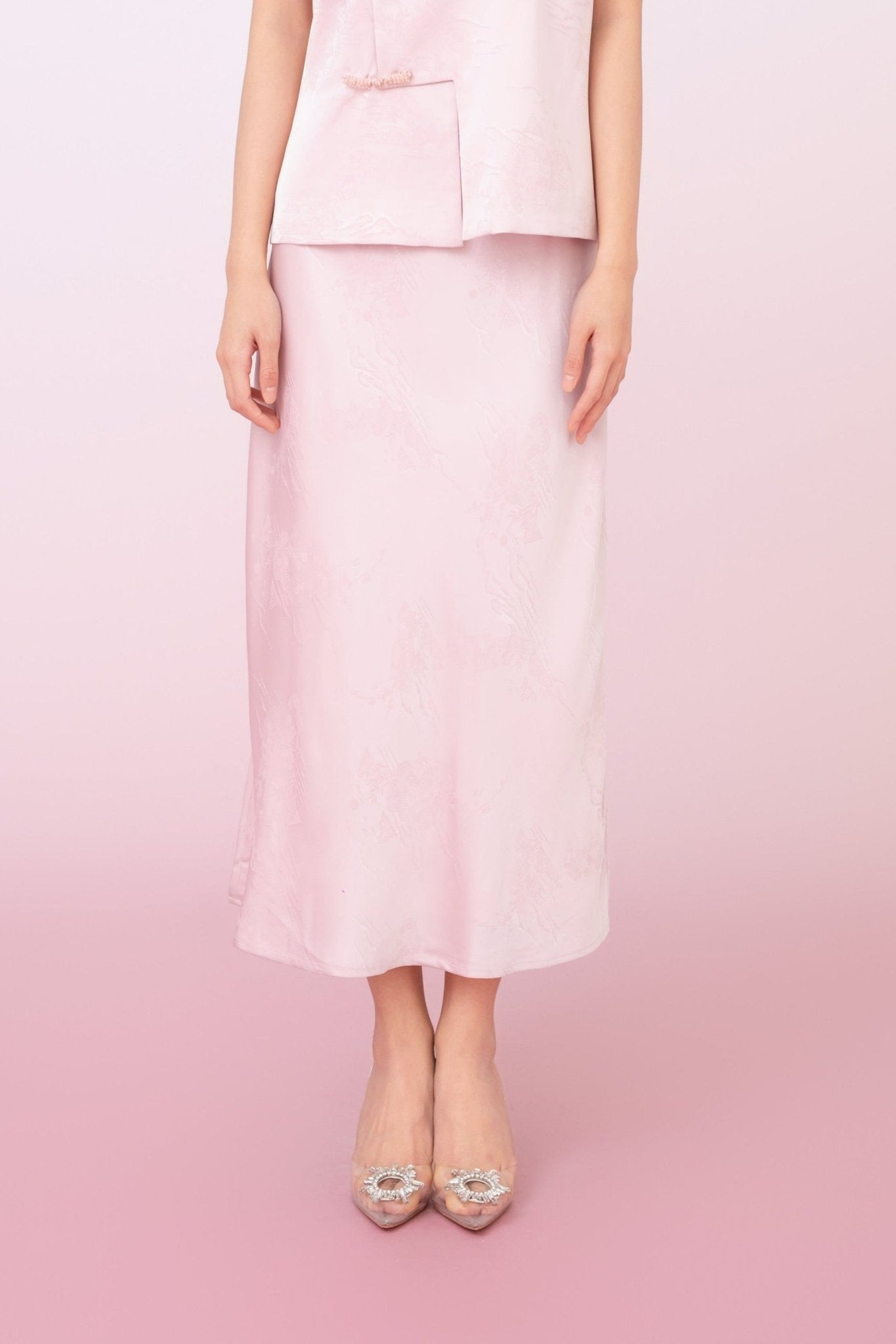 Kiyomi Light Pink Jacquard Midi Skirt - Nimisski
