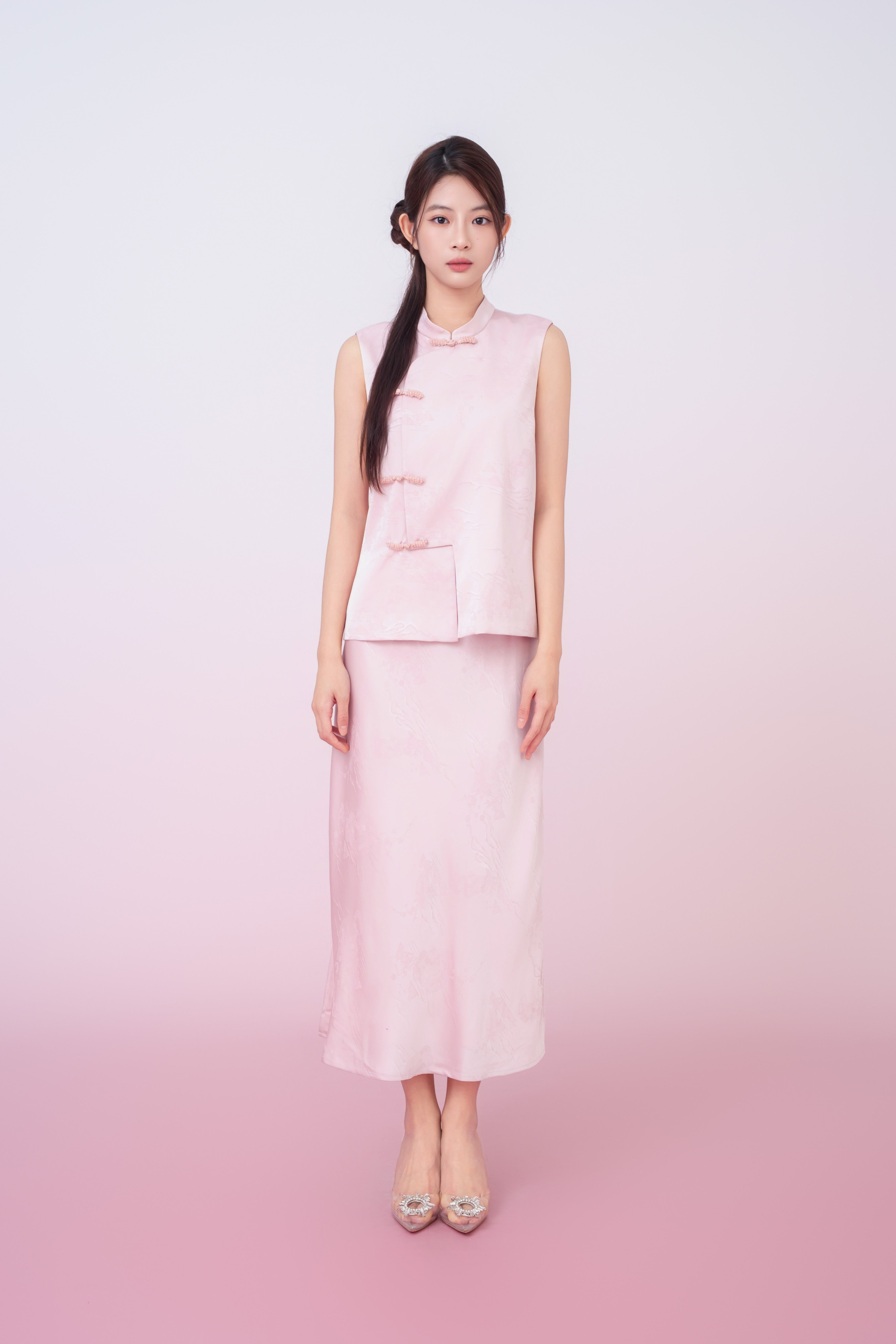 Kiyomi Light Pink Jacquard Midi Skirt