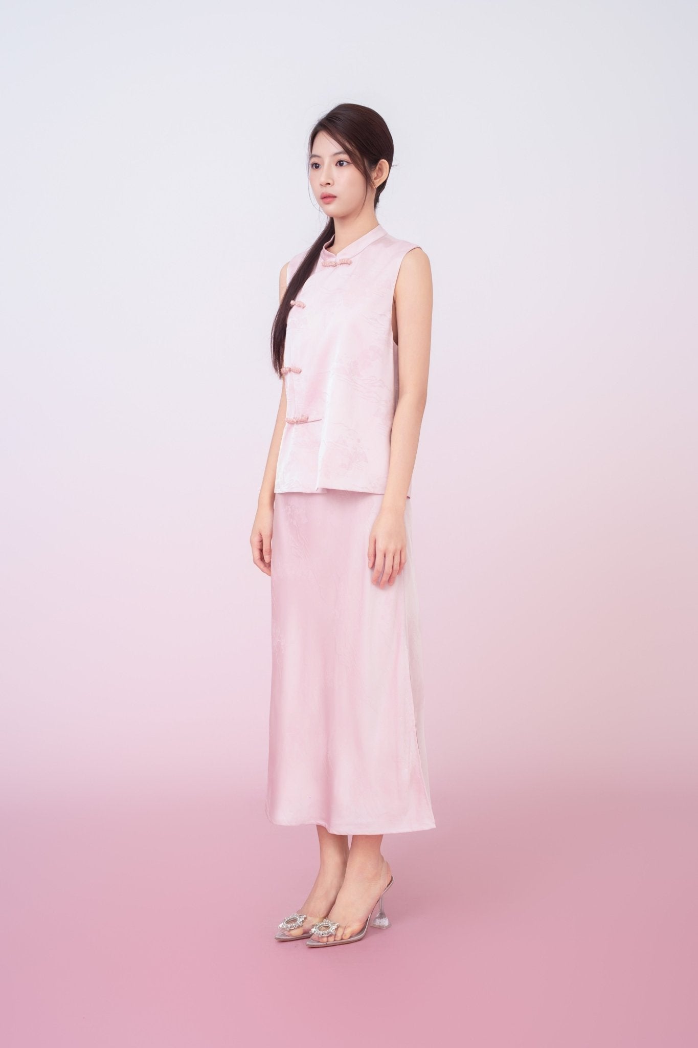 Kiyomi Light Pink Jacquard Midi Skirt - Nimisski
