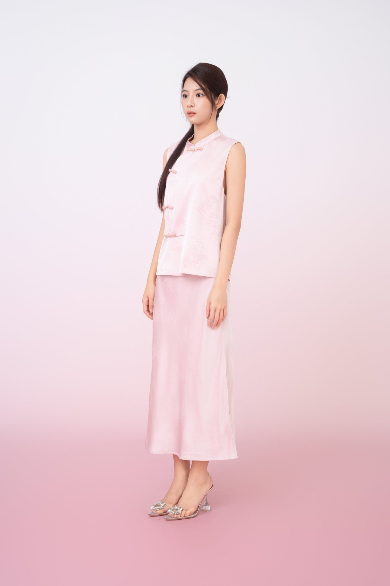 Kiyomi Light Pink Jacquard Midi Skirt - Nimisski