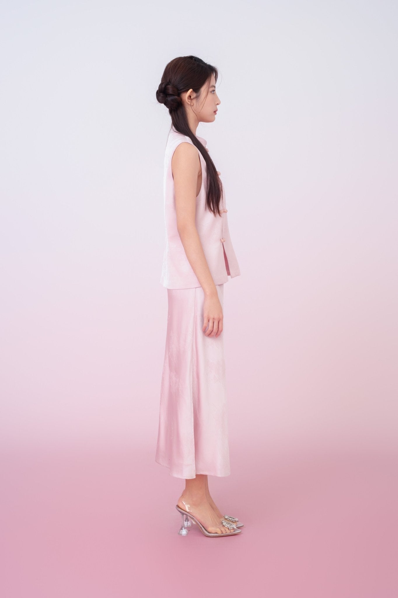 Kiyomi Light Pink Jacquard Midi Skirt - Nimisski