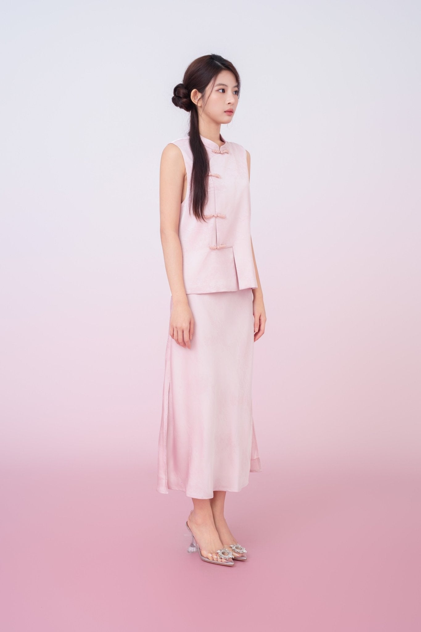 Kiyomi Light Pink Jacquard Midi Skirt - Nimisski