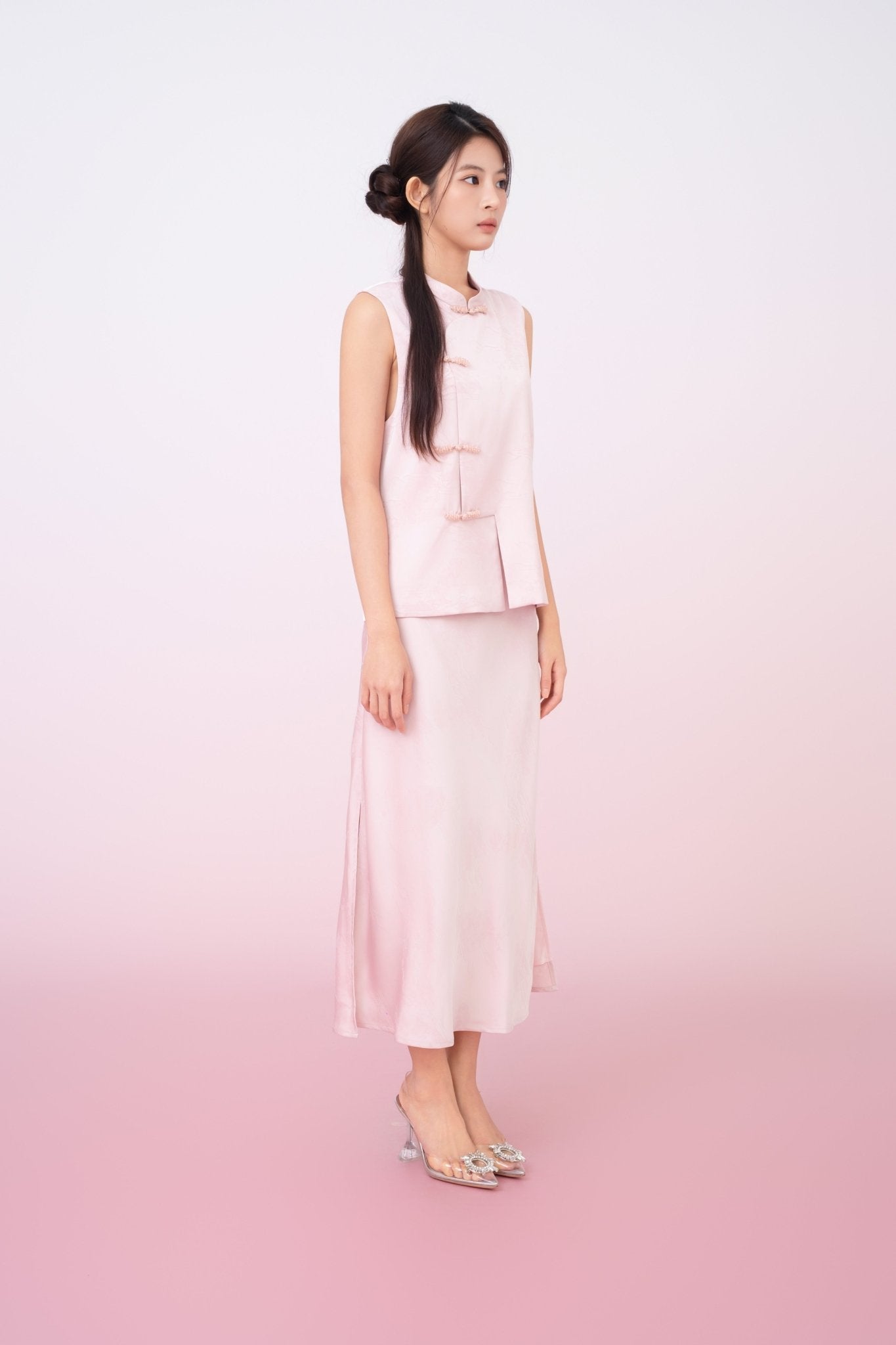Kiyomi Light Pink Jacquard Midi Skirt - Nimisski