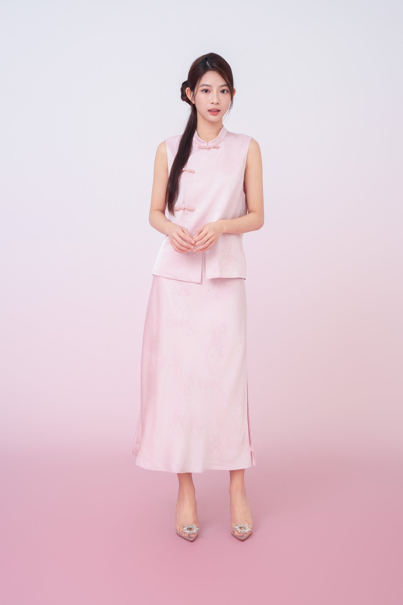 Kiyomi Light Pink Jacquard Midi Skirt - Nimisski