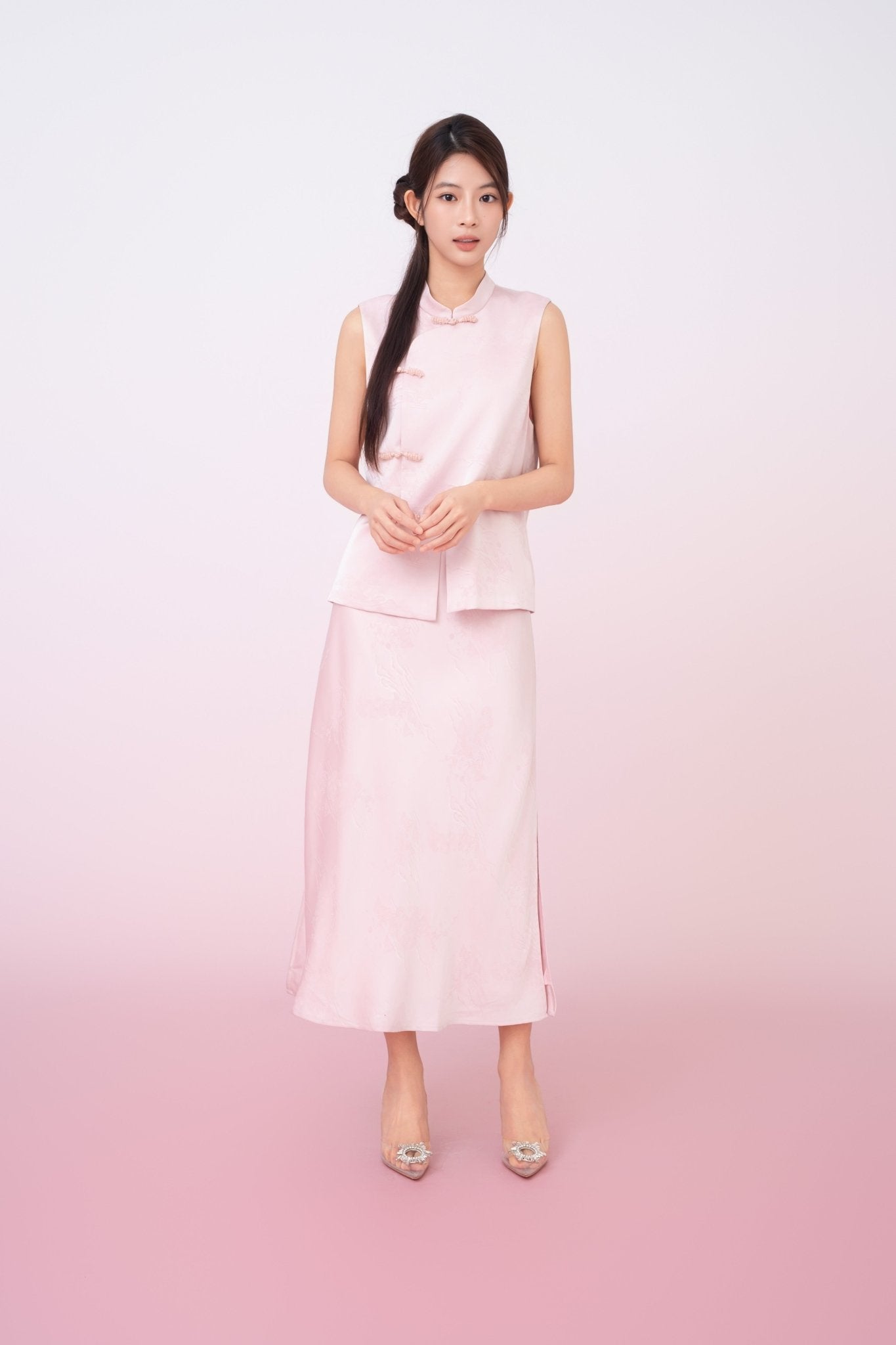 Kiyomi Light Pink Jacquard Midi Skirt - Nimisski