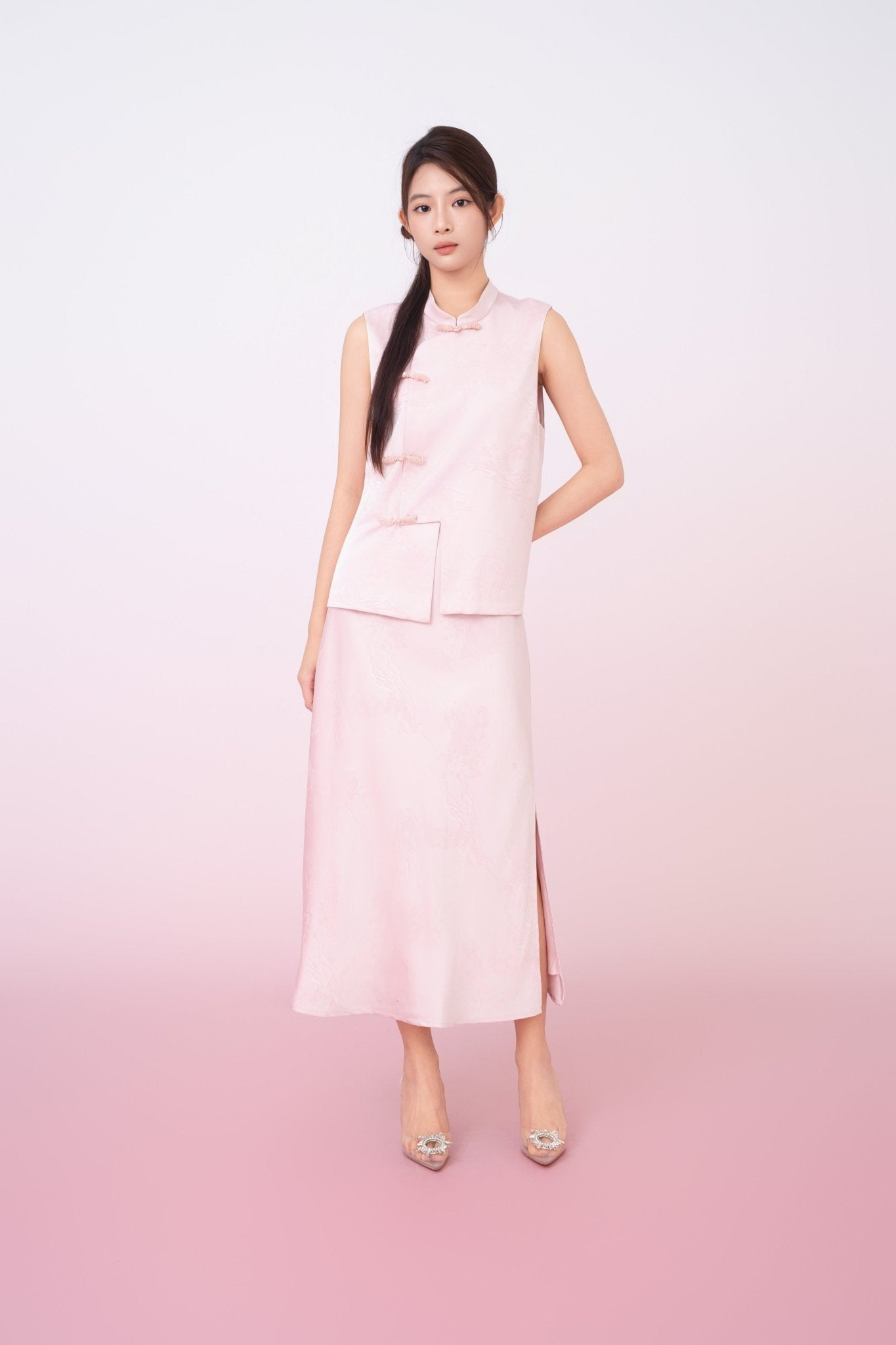 Kiyomi Light Pink Jacquard Midi Skirt - Nimisski