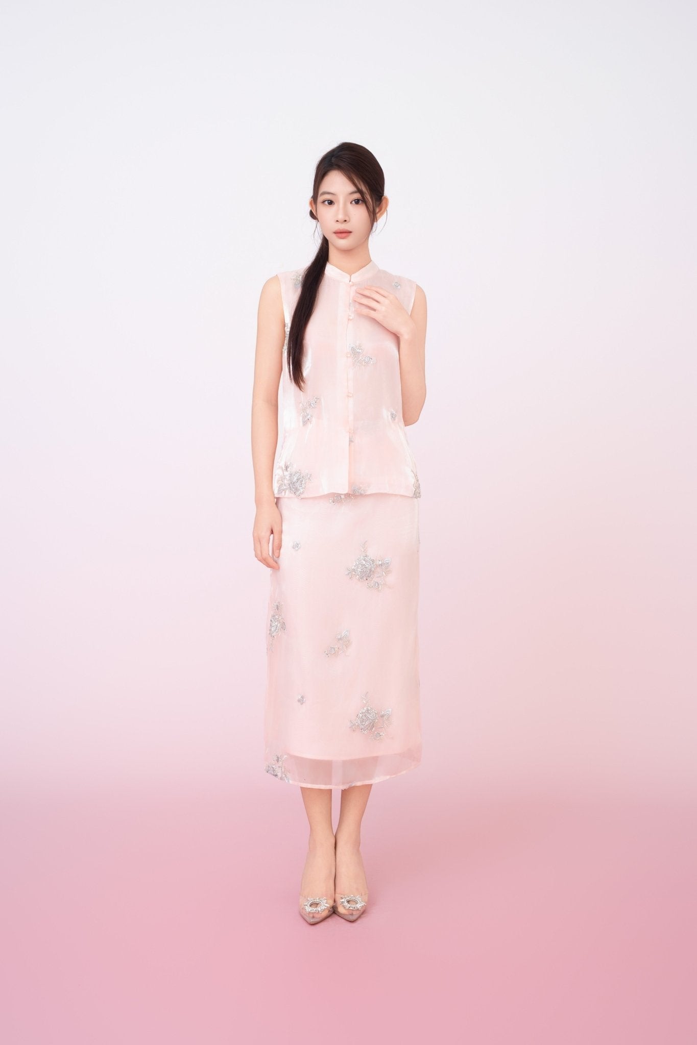 Kailyn Light Pink With Silver Beads Midi Skirt - Nimisski