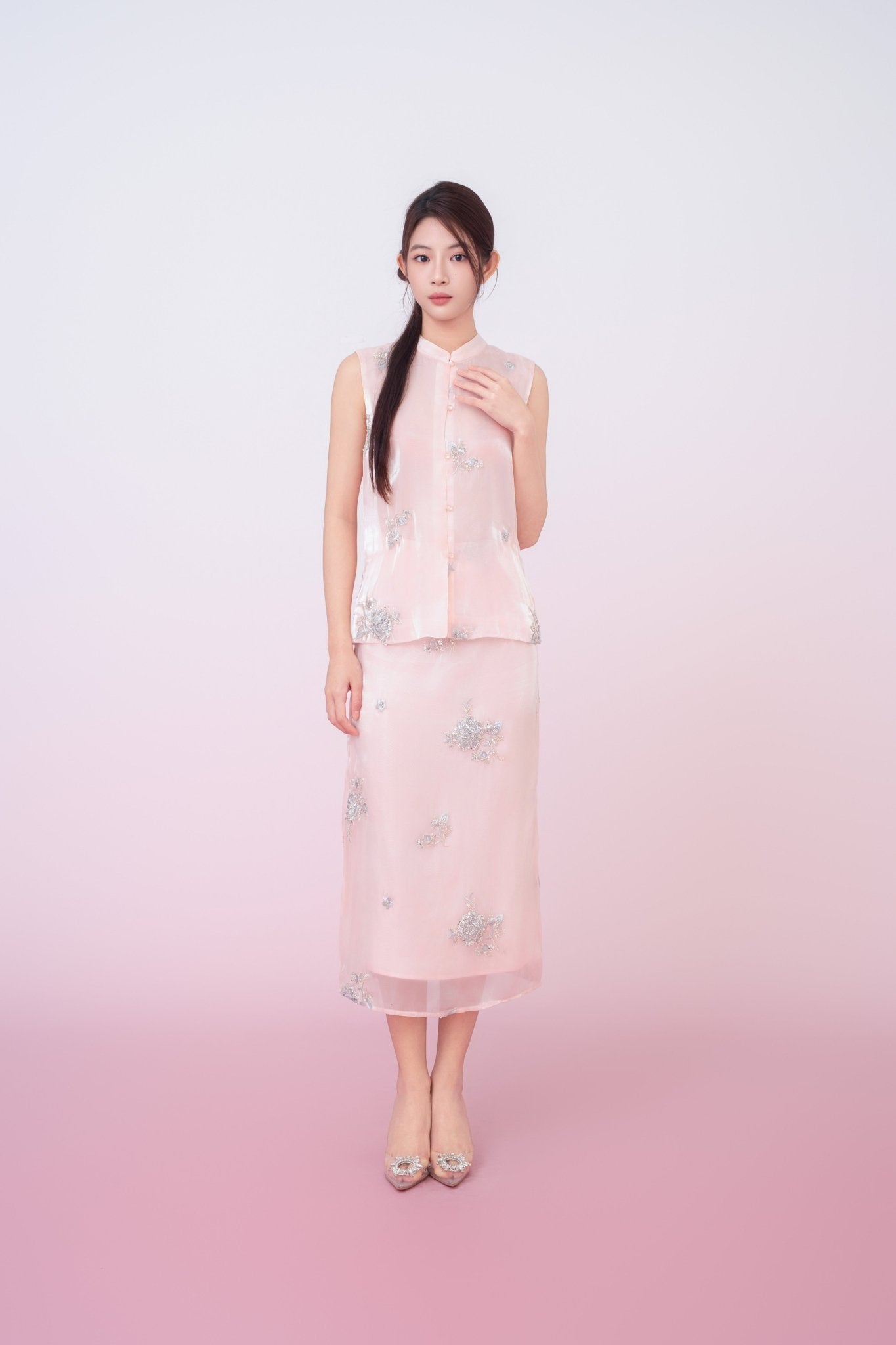 Kailyn Light Pink With Silver Beads Midi Skirt - Nimisski