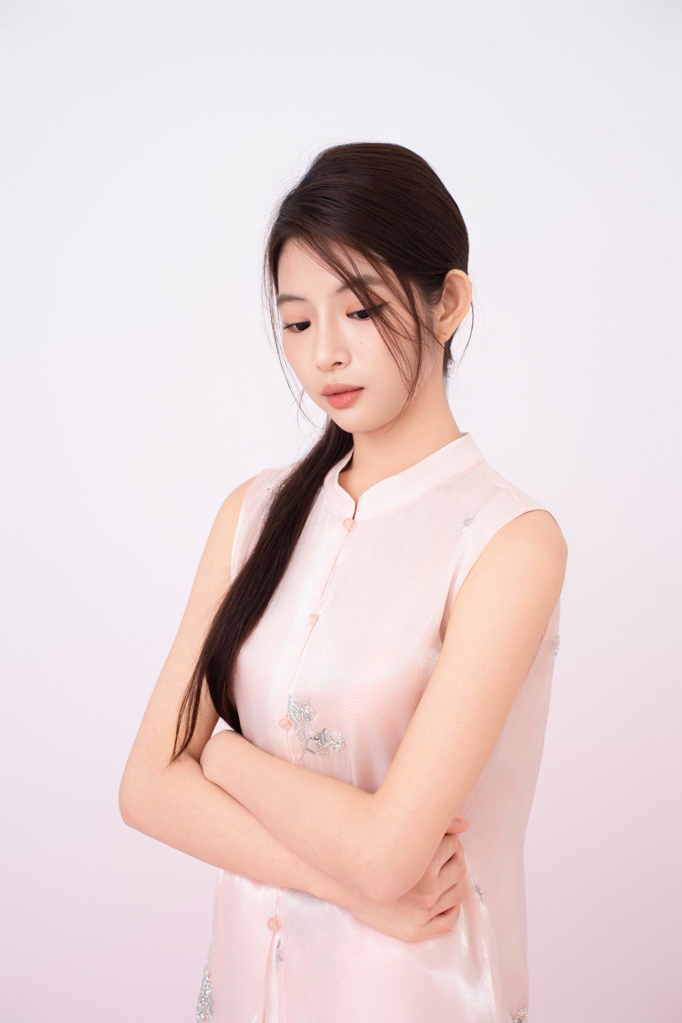 Kailyn Light Pink With Silver Beads Mandarin Collar Top - Nimisski