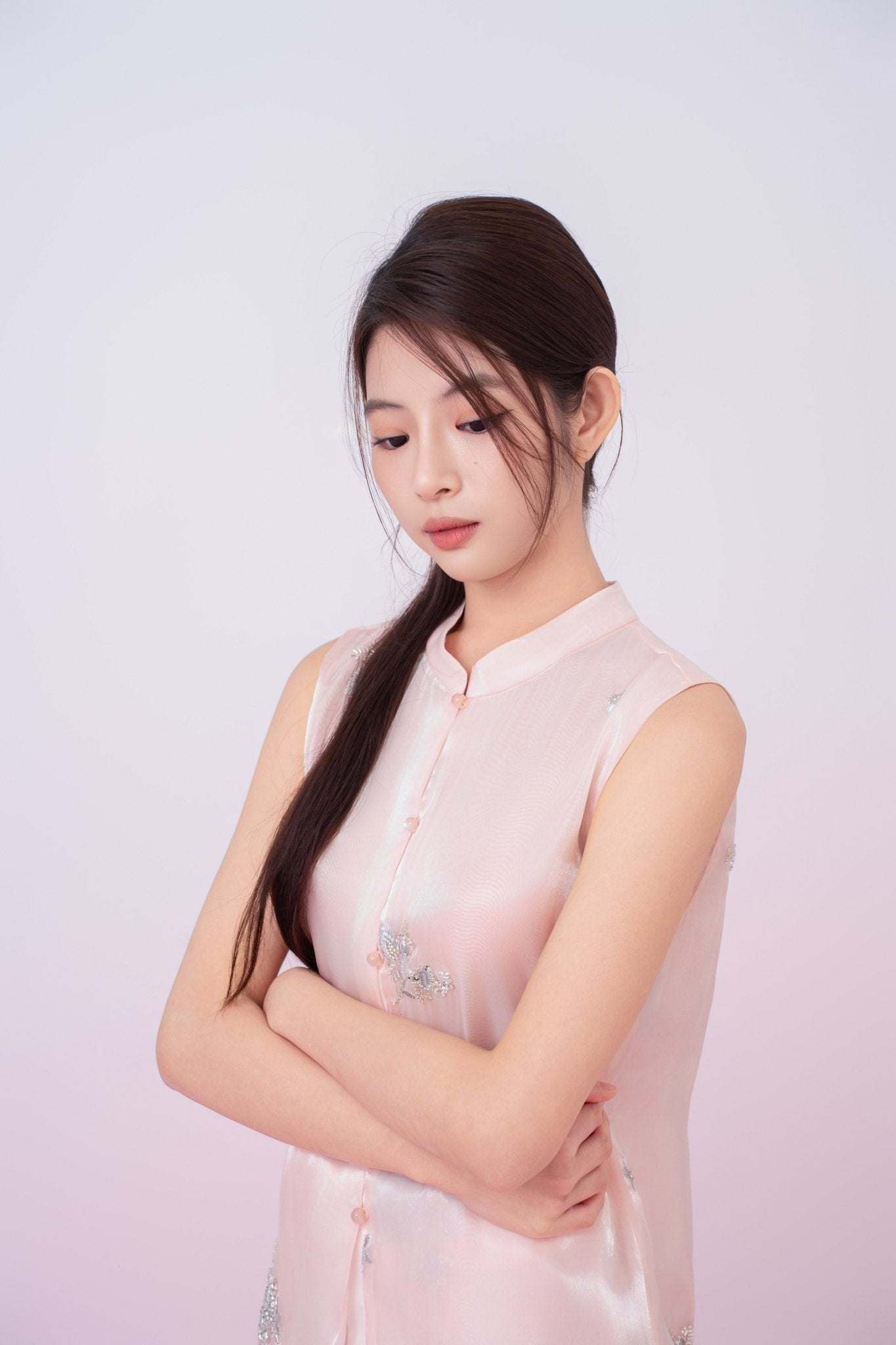 Kailyn Light Pink With Silver Beads Mandarin Collar Top - Nimisski