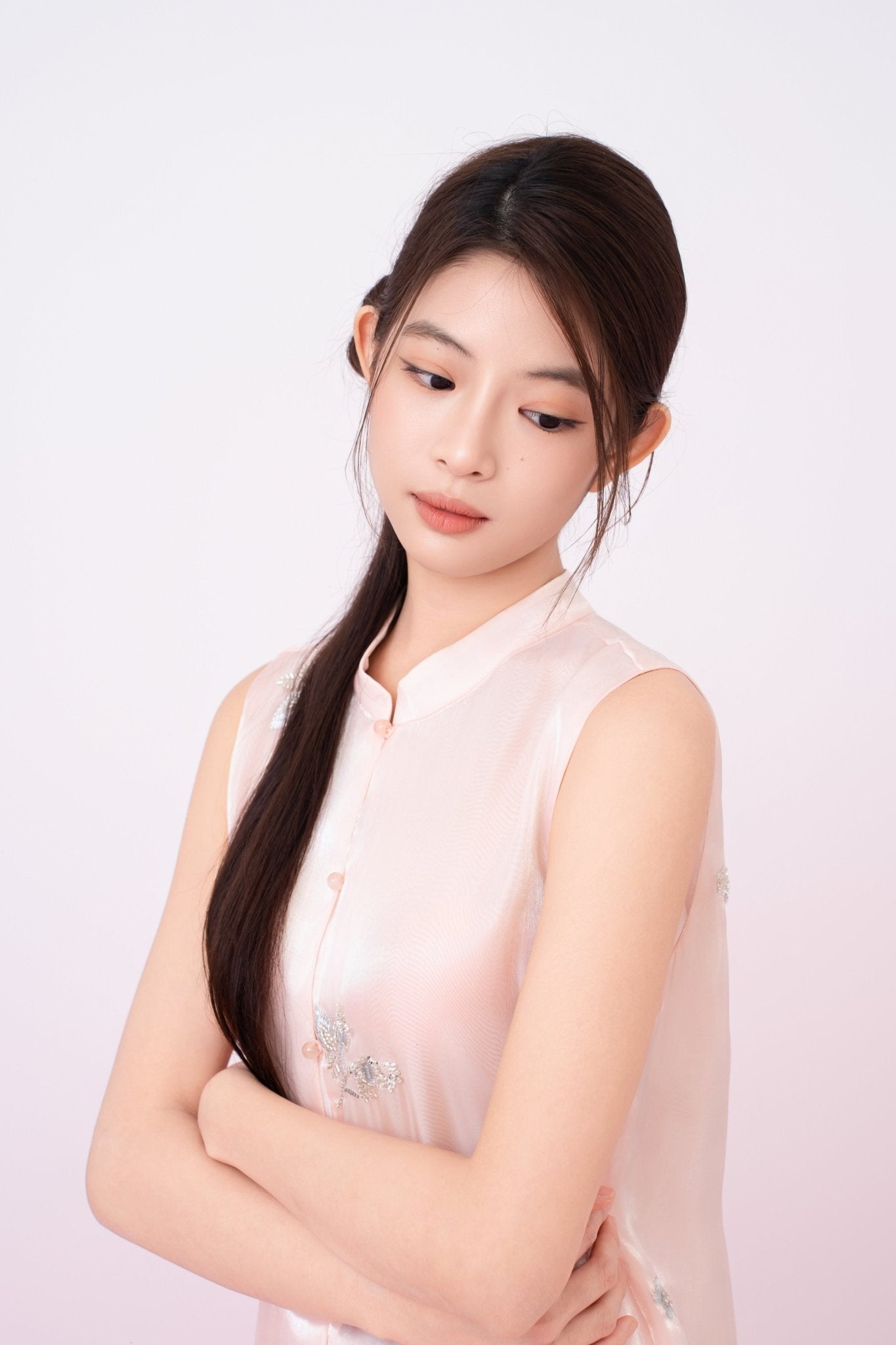 Kailyn Light Pink With Silver Beads Mandarin Collar Top - Nimisski