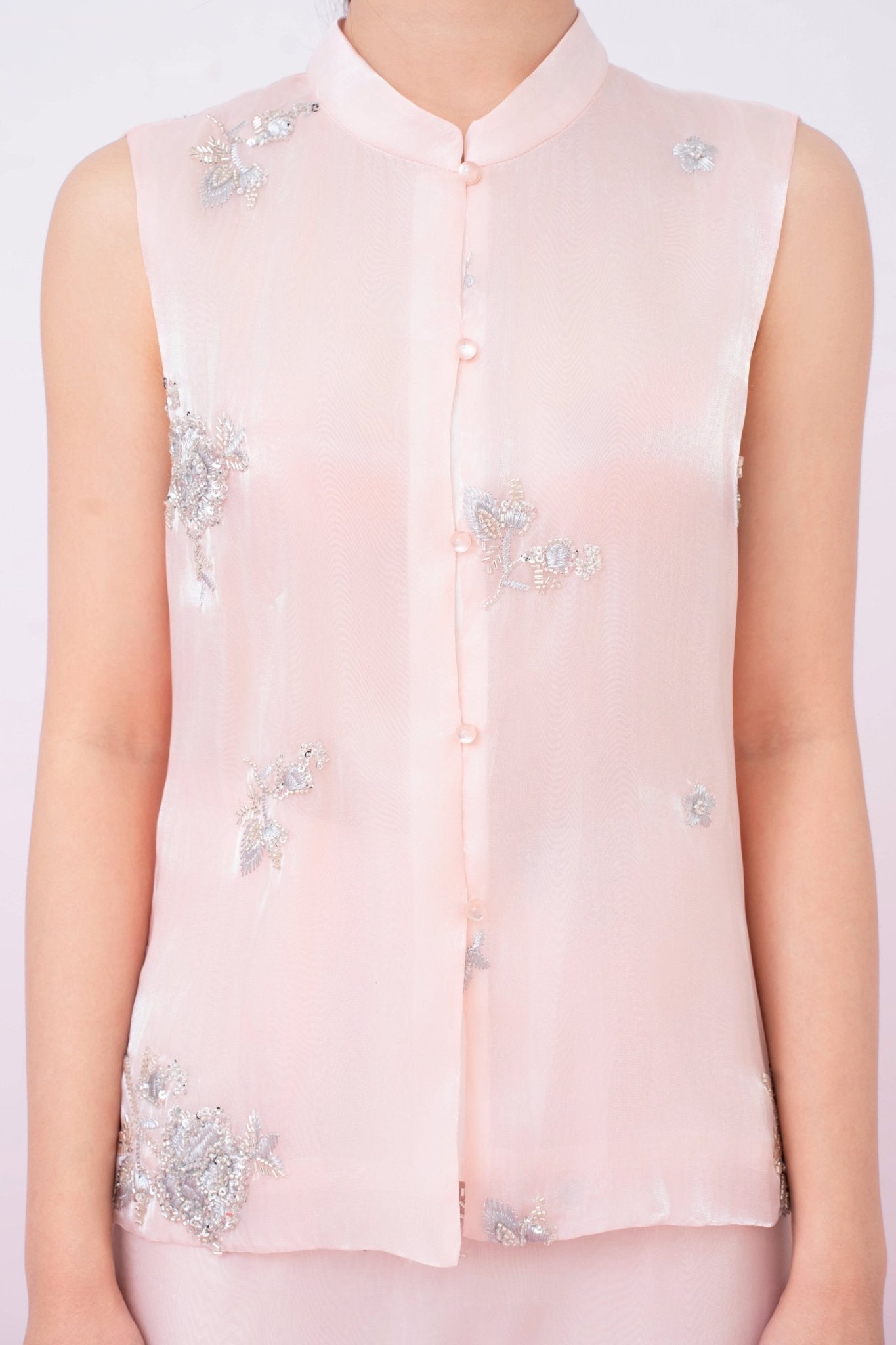Kailyn Light Pink With Silver Beads Mandarin Collar Top - Nimisski