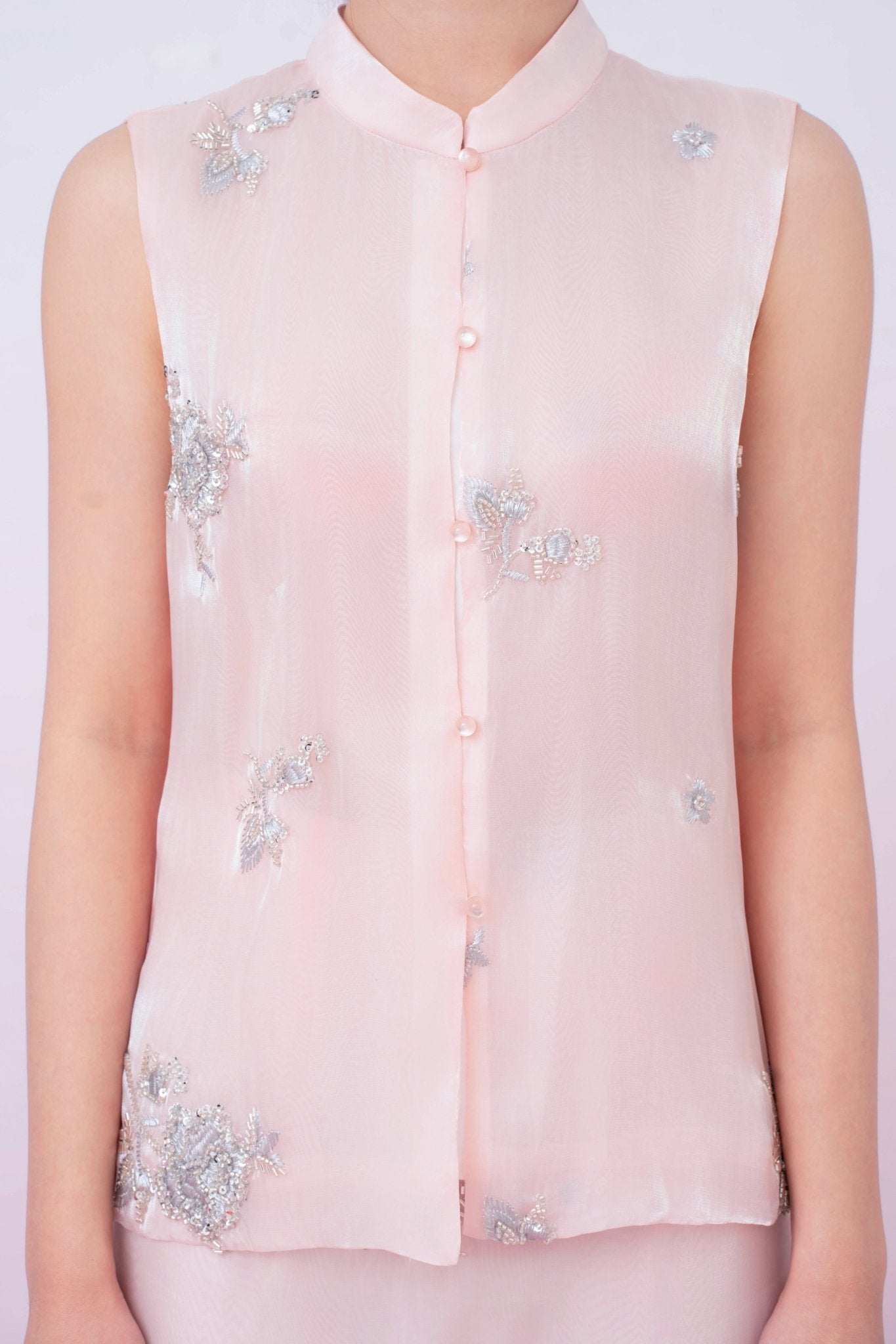 Kailyn Light Pink With Silver Beads Mandarin Collar Top - Nimisski