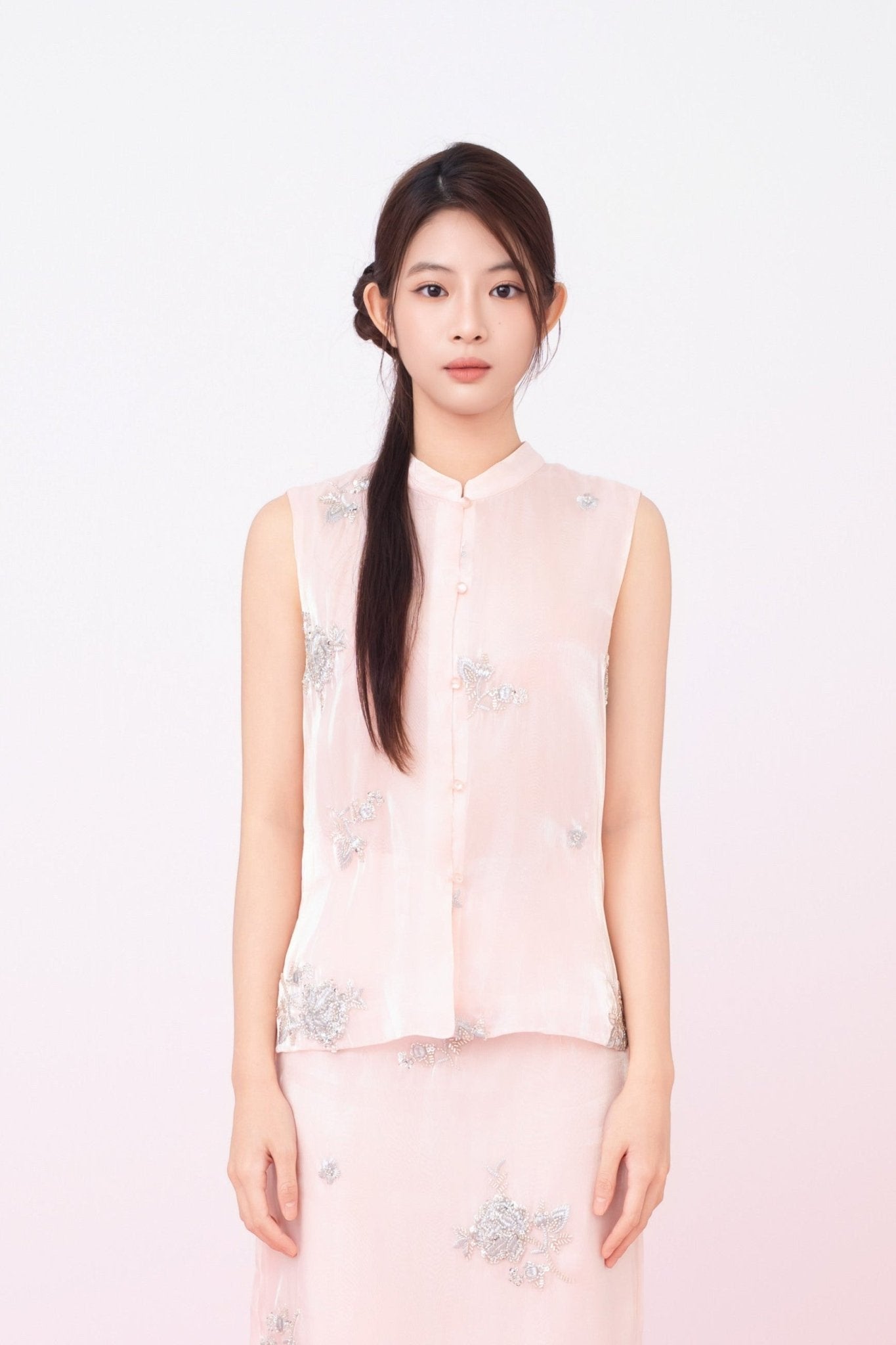 Kailyn Light Pink With Silver Beads Mandarin Collar Top - Nimisski