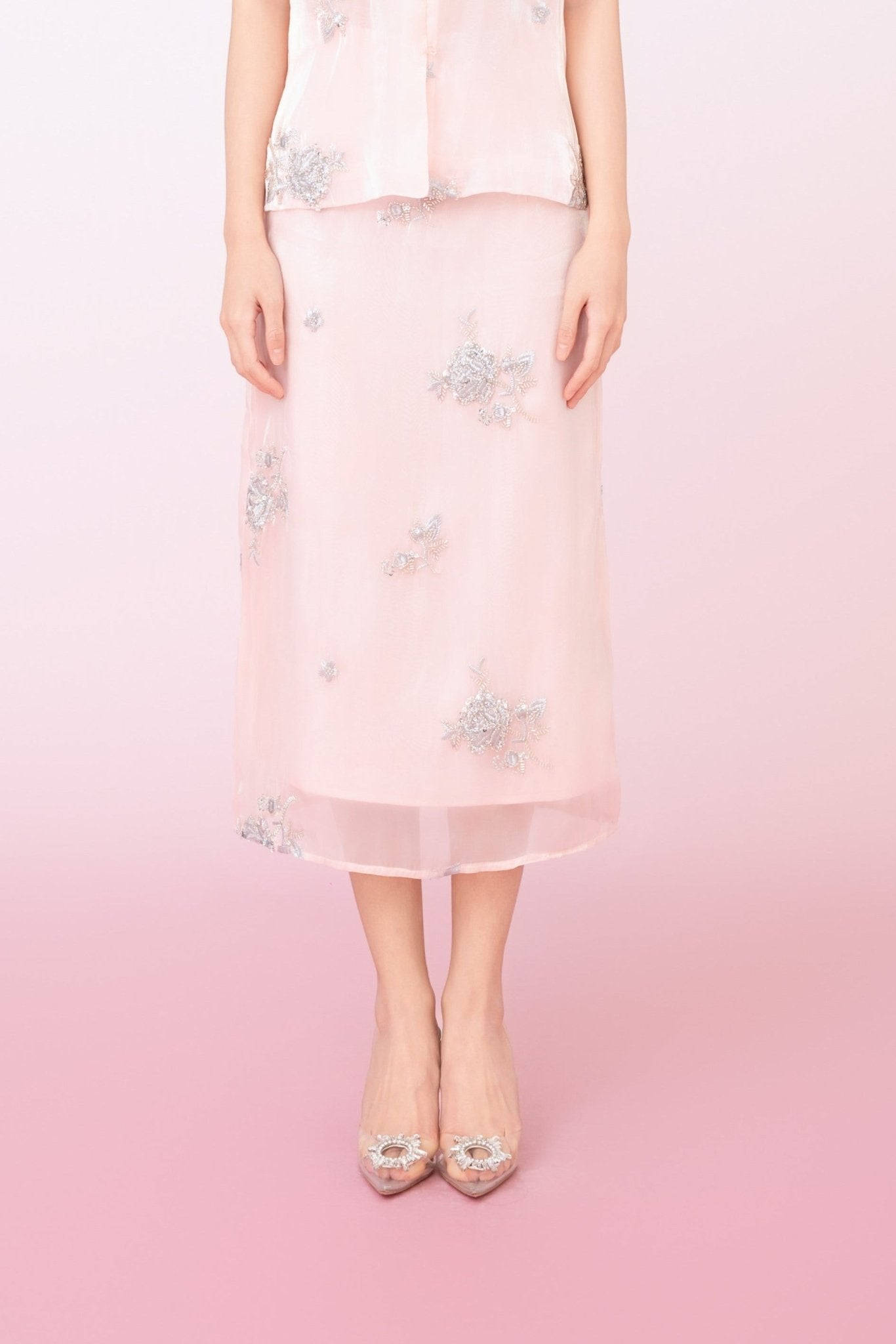 Kailyn Light Pink With Silver Beads Midi Skirt - Nimisski