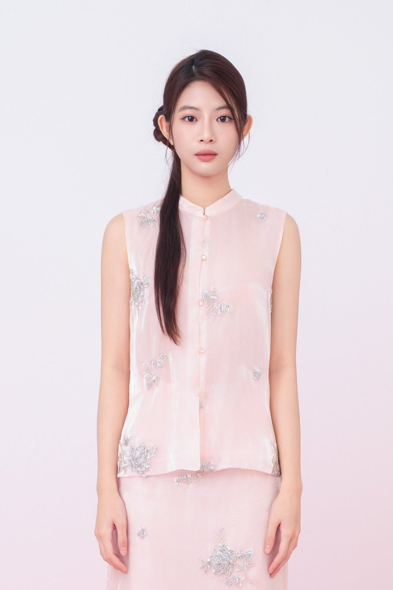 Kailyn Light Pink With Silver Beads Mandarin Collar Top - Nimisski