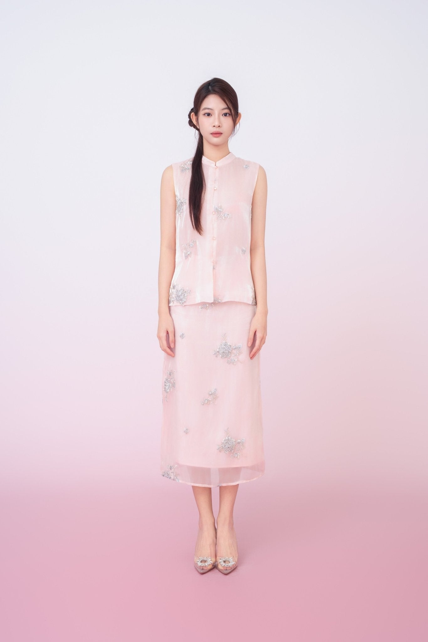 Kailyn Light Pink With Silver Beads Midi Skirt - Nimisski