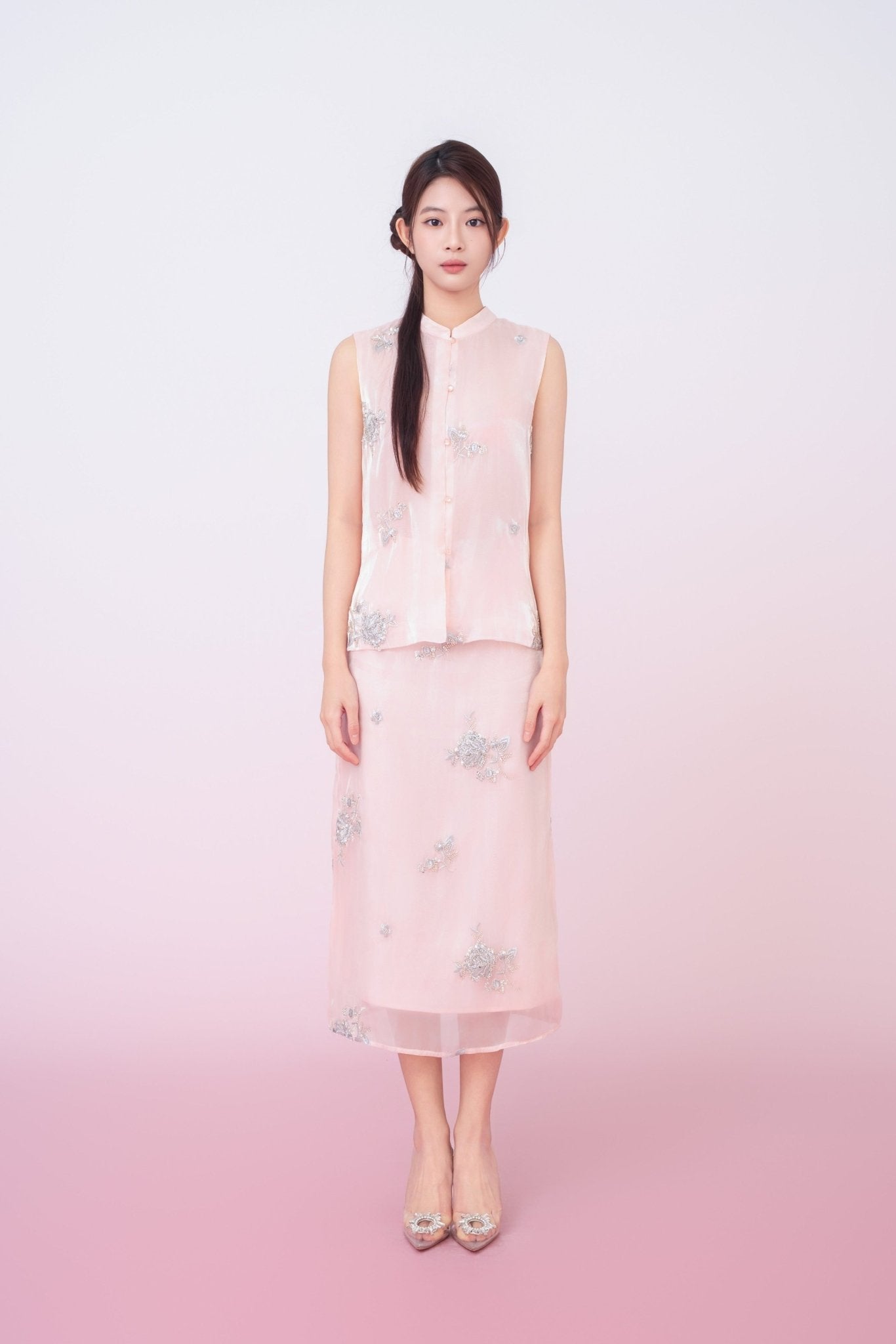 Kailyn Light Pink With Silver Beads Midi Skirt - Nimisski