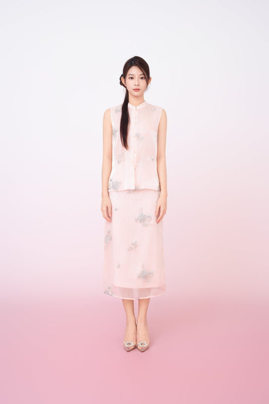 Kailyn Light Pink With Silver Beads Mandarin Collar Top - Nimisski