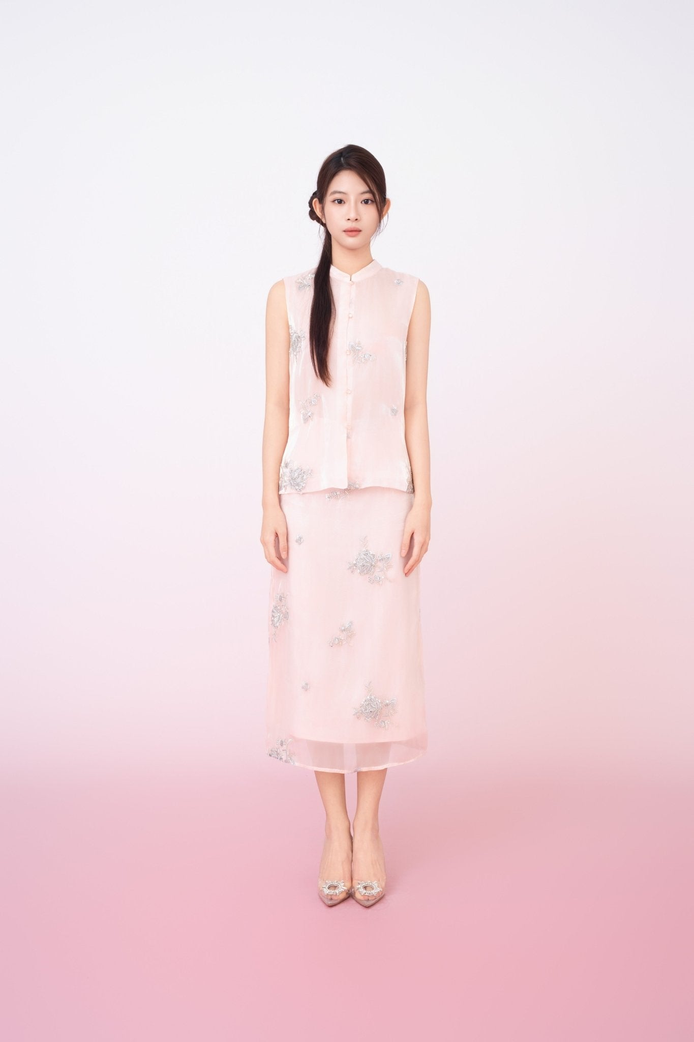 Kailyn Light Pink With Silver Beads Midi Skirt - Nimisski