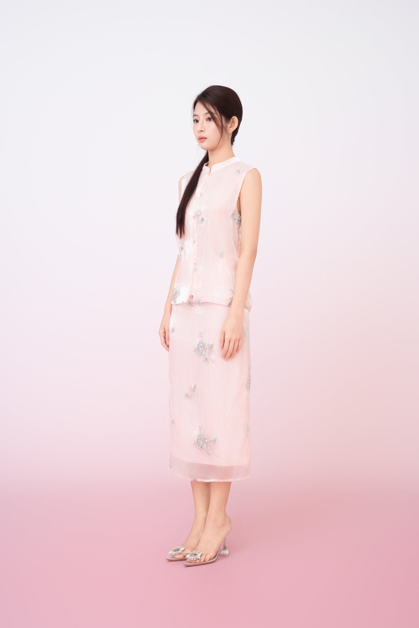 Kailyn Light Pink With Silver Beads Midi Skirt - Nimisski