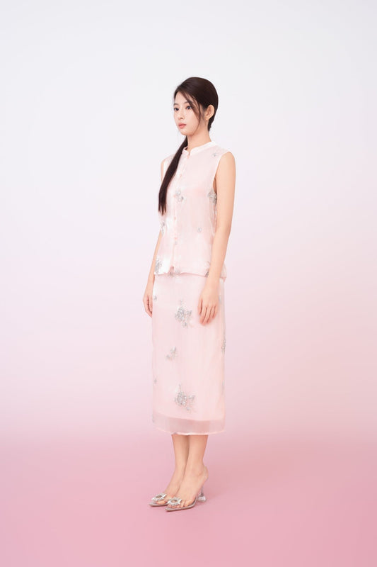 Kailyn Light Pink With Silver Beads Midi Skirt - Nimisski